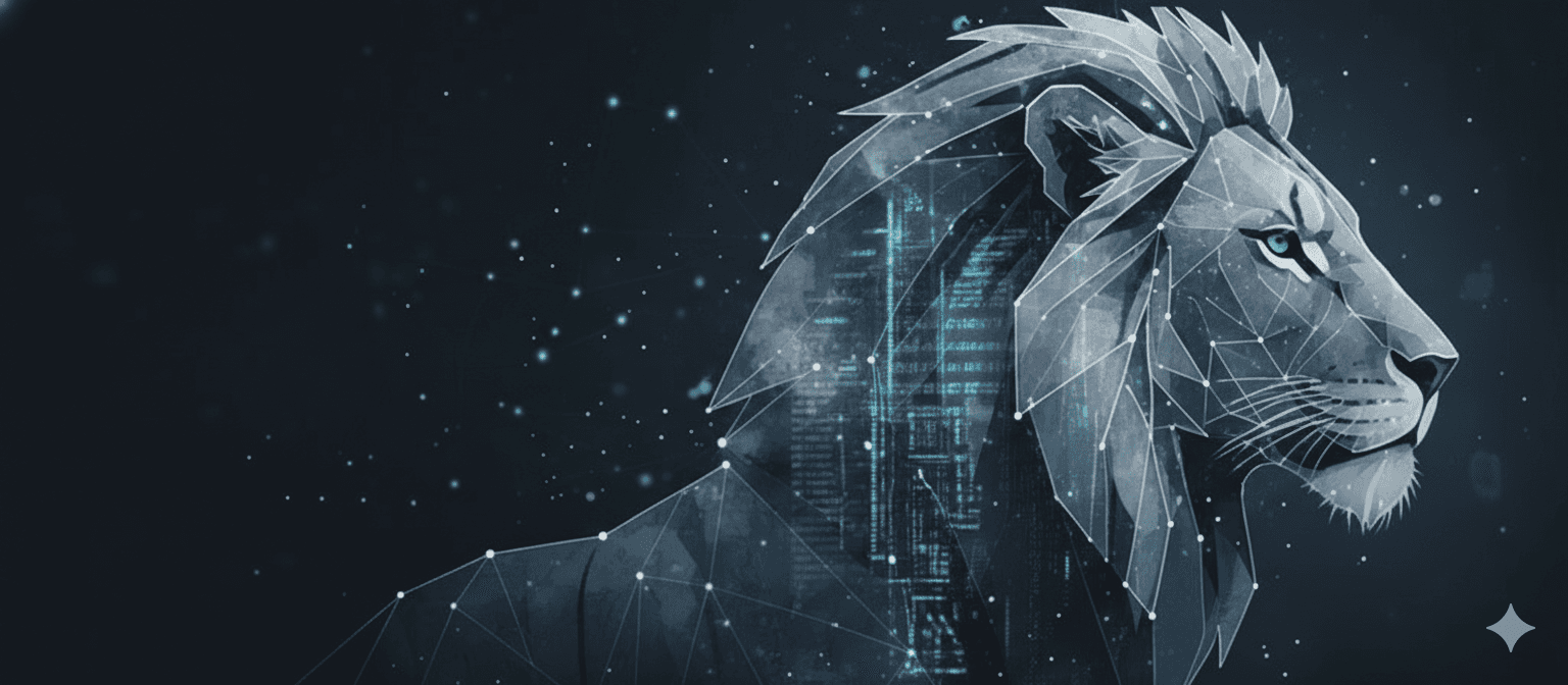Futurystyczna grafika lwa wygenerowana przez AI dla Liger Consulting