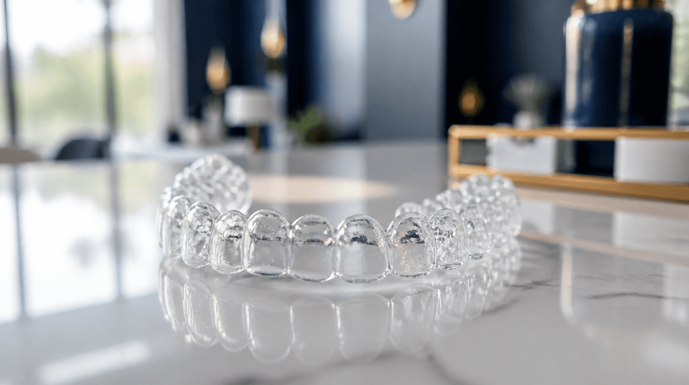 A close-up of a clear Invisalign aligner tray showing the precision tooth molds at Smyrna Dental Studio