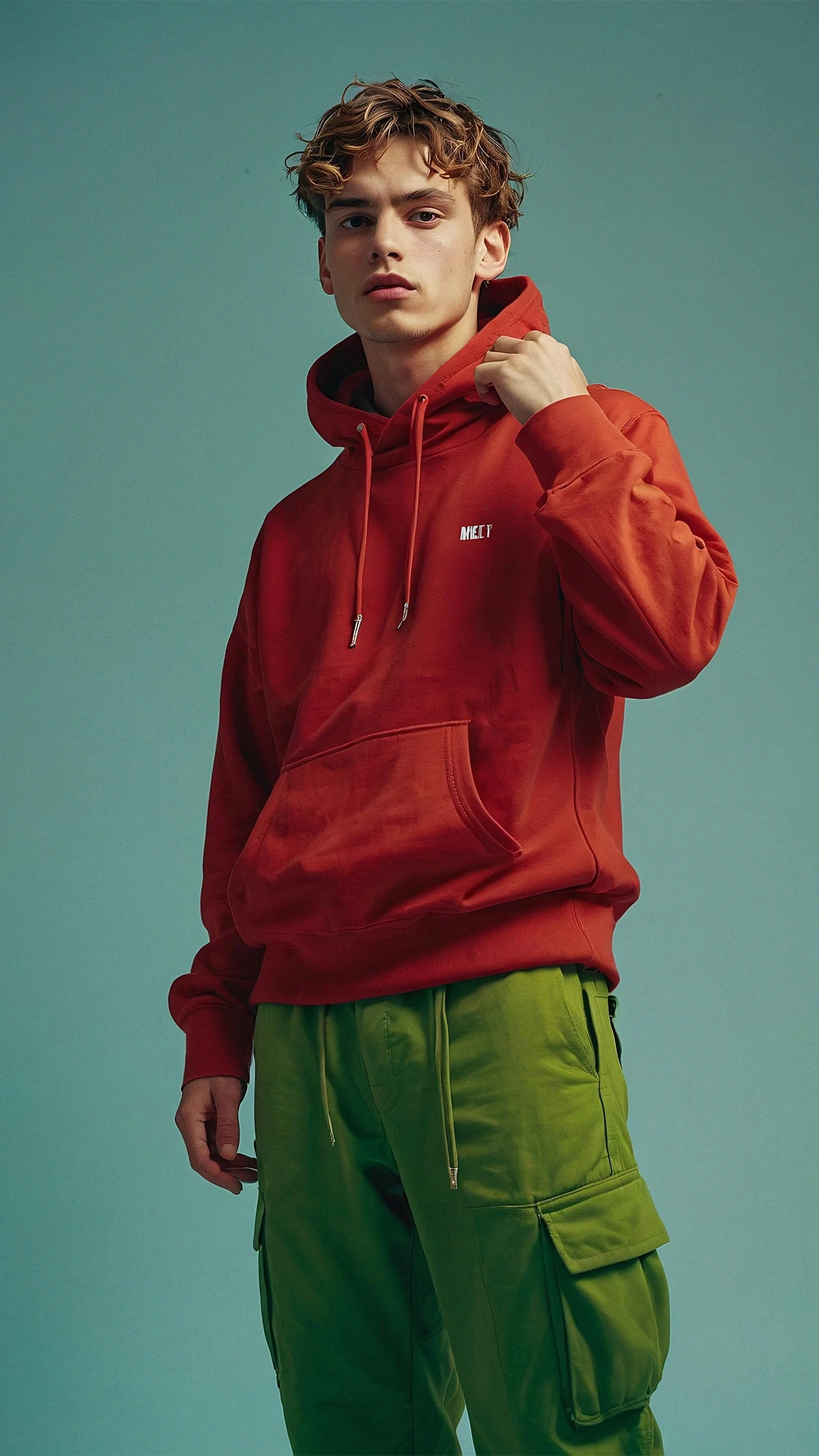 Young man in red hoodie and green cargo pants against teal background, showcasing bold fashion style.