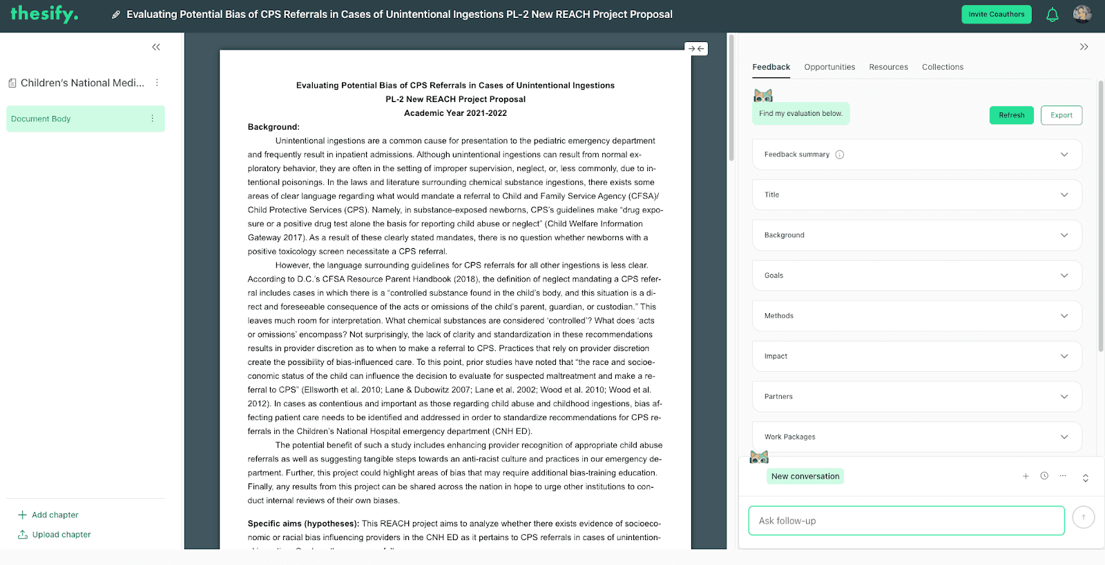 The thesify interface showing a research project proposal on the left and a structured feedback panel on the right with sections for Title, Background, and Goals.