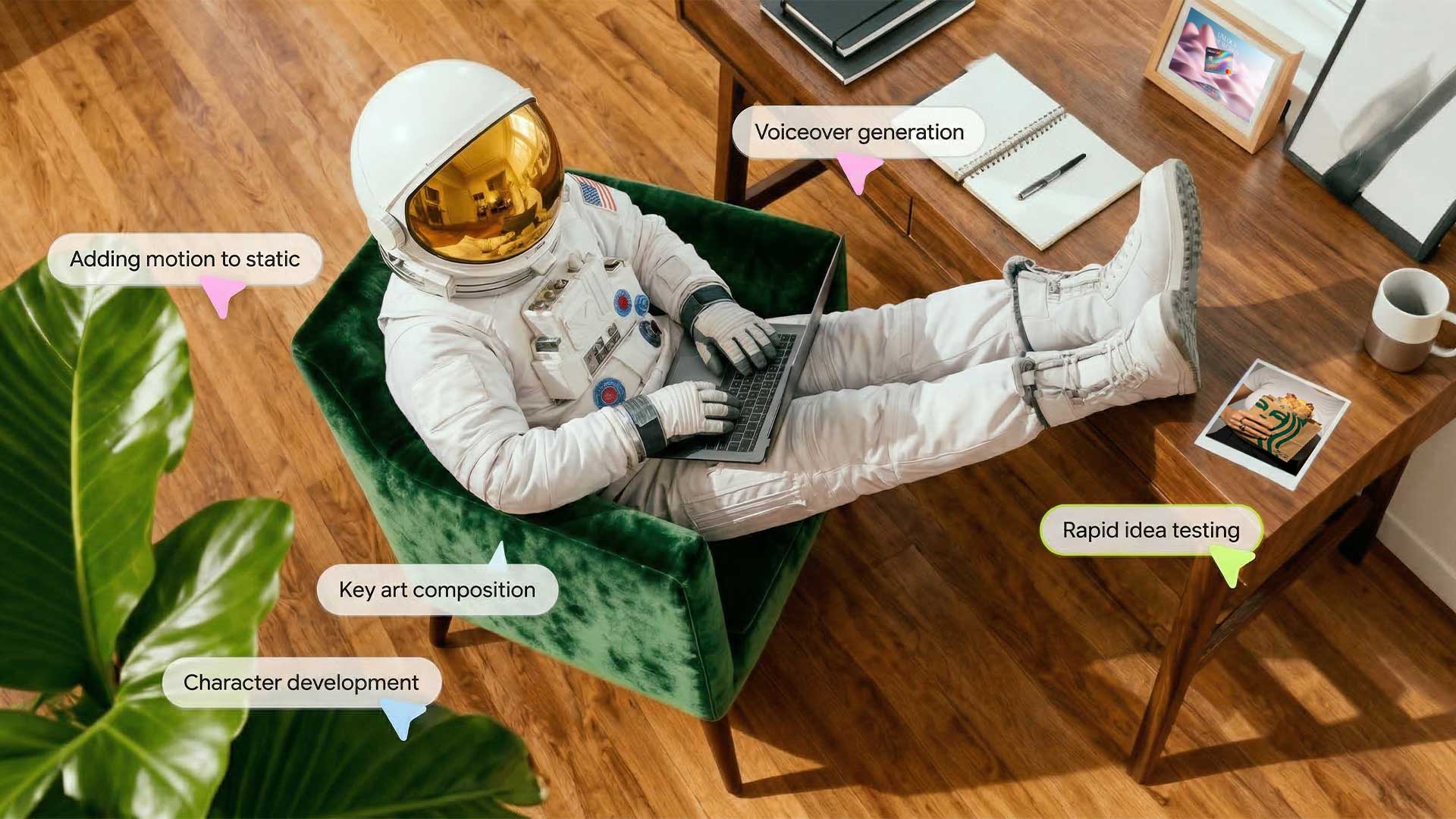 Astronaut using laptop representing scalable content production and efficient content workflows for businesses
