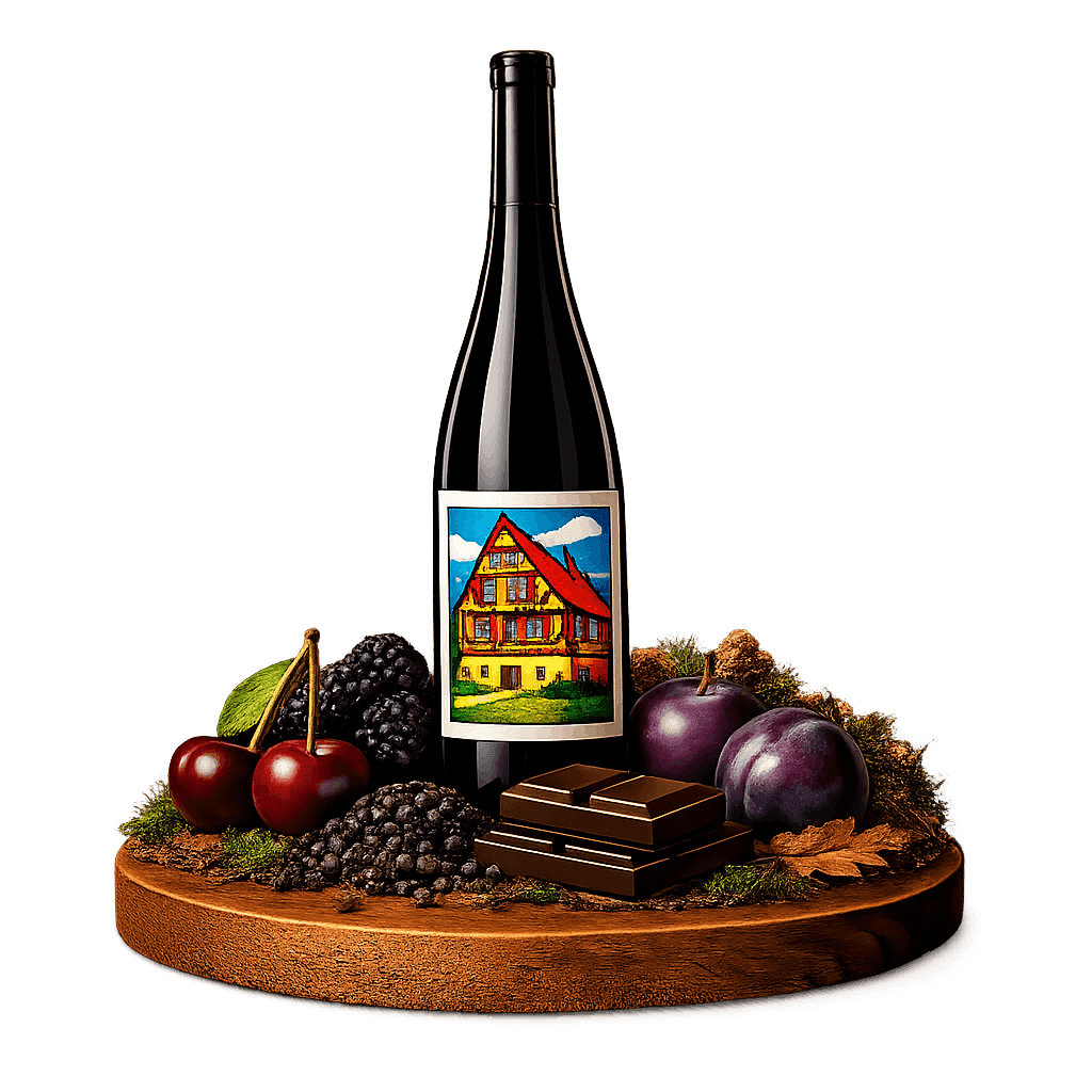 Artistic label and flavor profile for German Lemberger on a rustic wooden table.