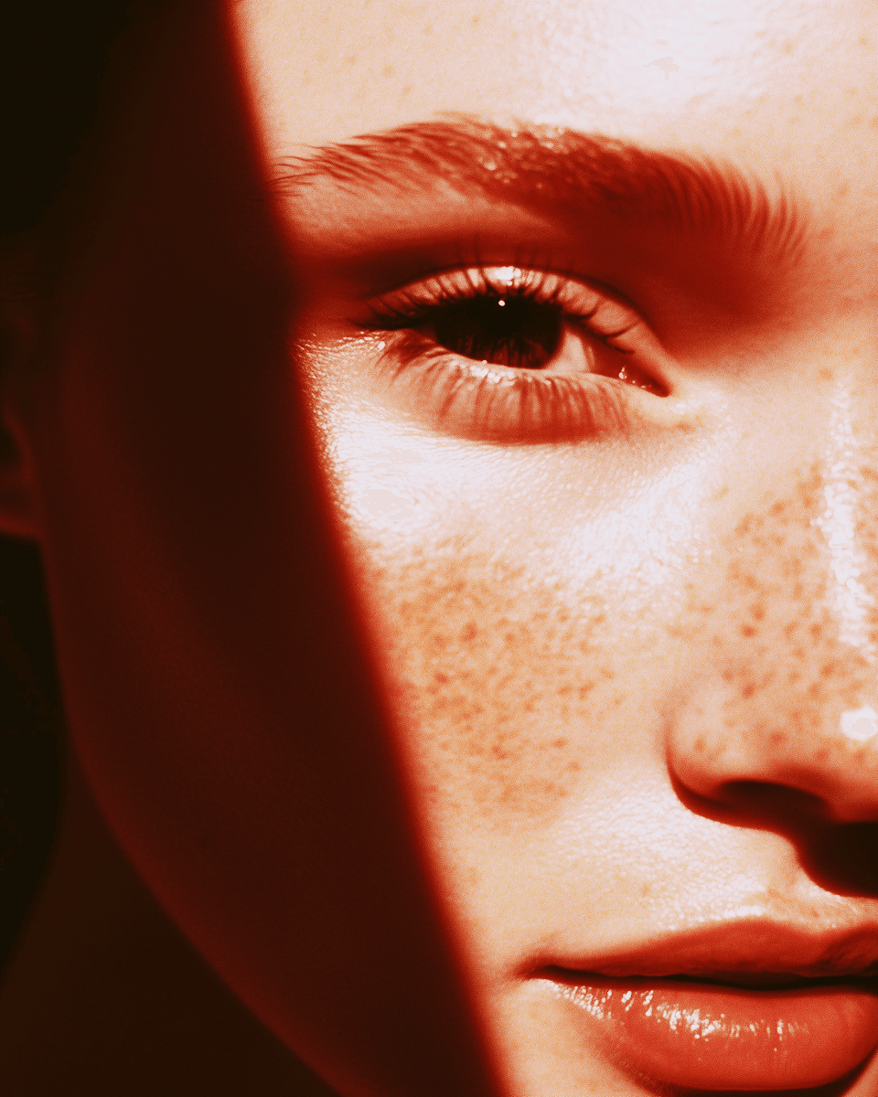 Close-up of a person's face with freckles, mostly in shadow with dramatic lighting highlighting one eye and glossy lips, creating a mysterious tone.