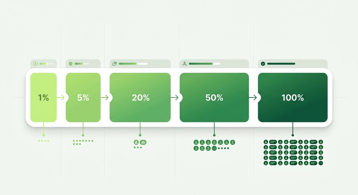 Visual showing a staged rollout progression from 1 percent to 5 percent to 20 percent to 50 percent to 100 percent of users.