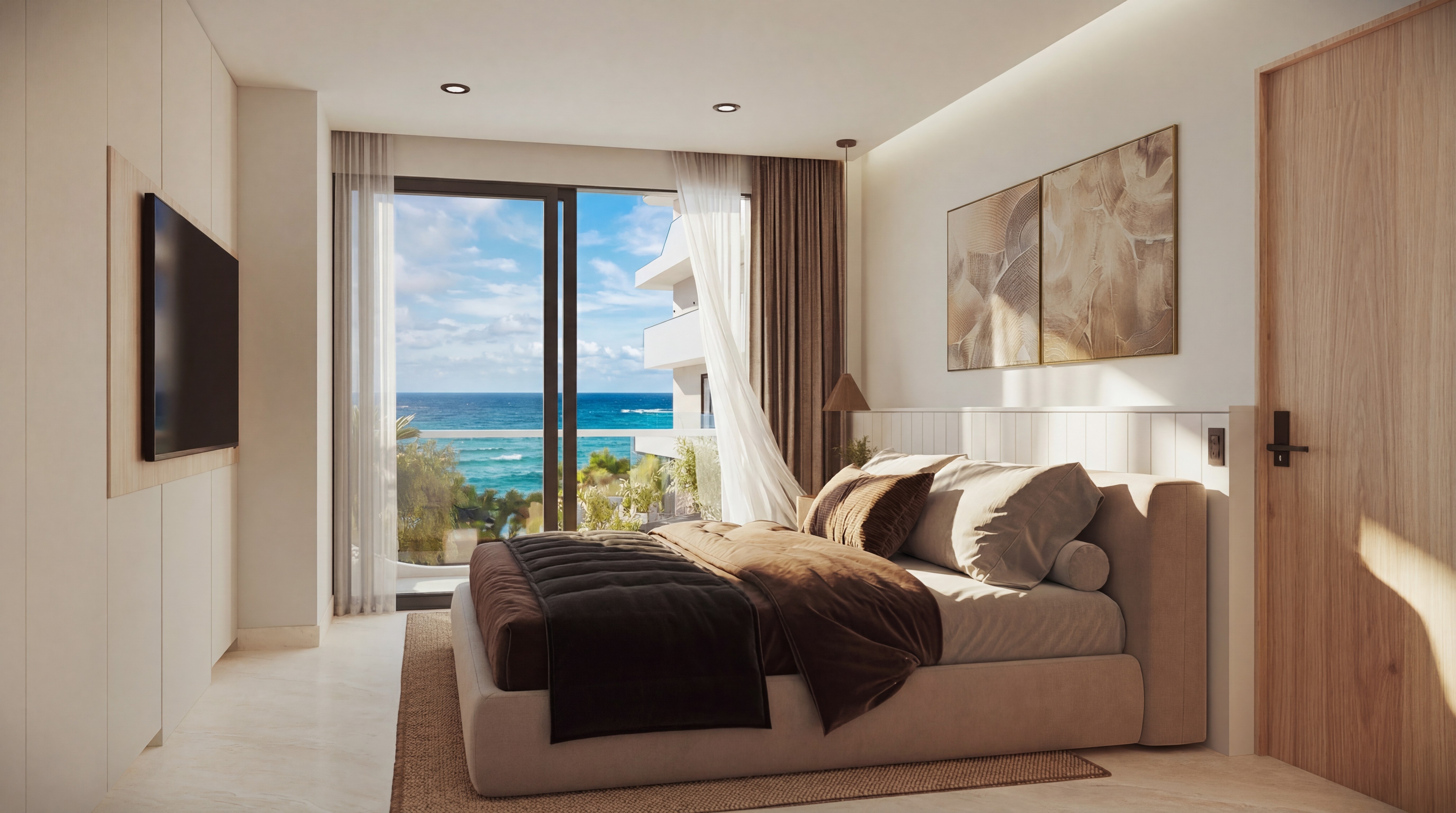 DHAMAR master bedroom rendering with Caribbean ocean view through floor-to-ceiling glass
