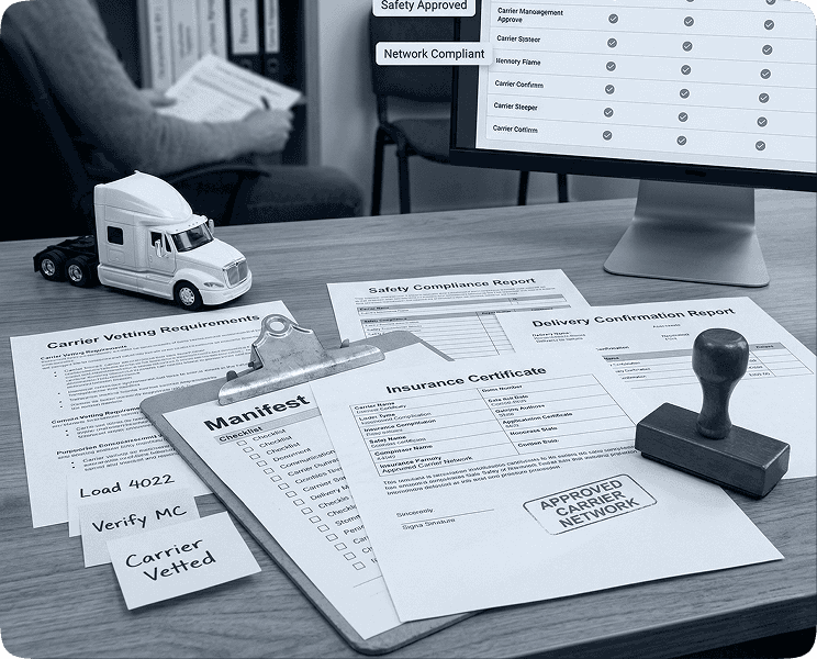 Essential shipment documentation including an insurance certificate, manifest, and carrier vetting requirements for an approved freight shipping network.