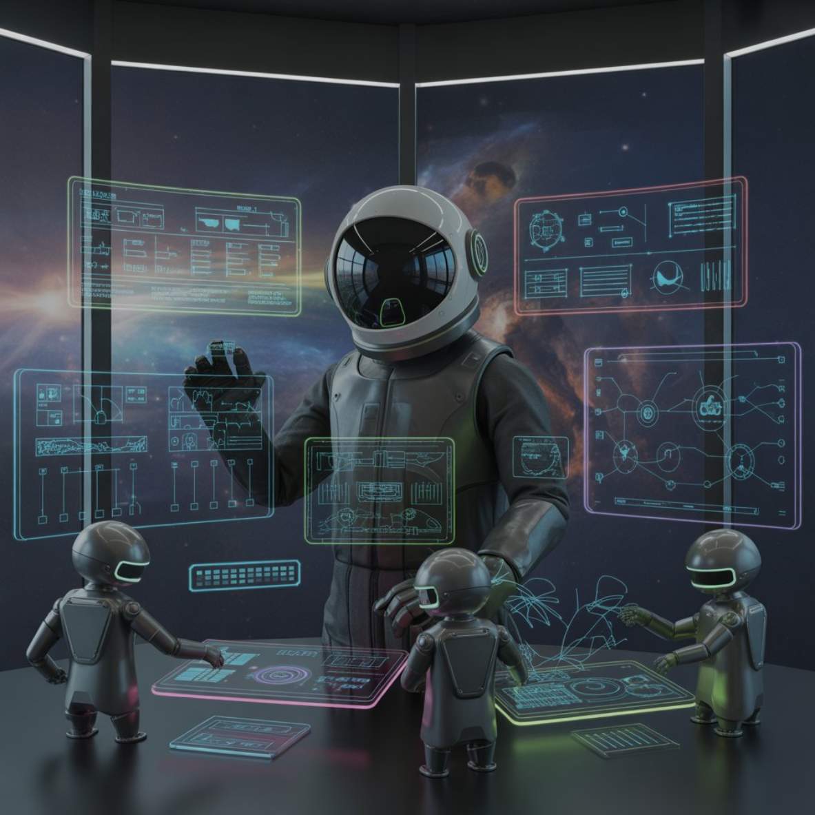 futuristic astronaught looking at glowing floating dashboards with little robots helping him