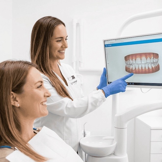 A woman examines a computer screen displaying a tooth, likely during an Invisalign consultation and treatment planning session.