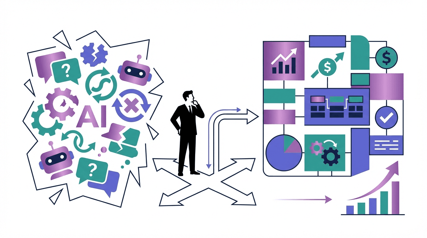 A person stands between two graphic designs: one with colorful icons and the other with charts and data visuals.