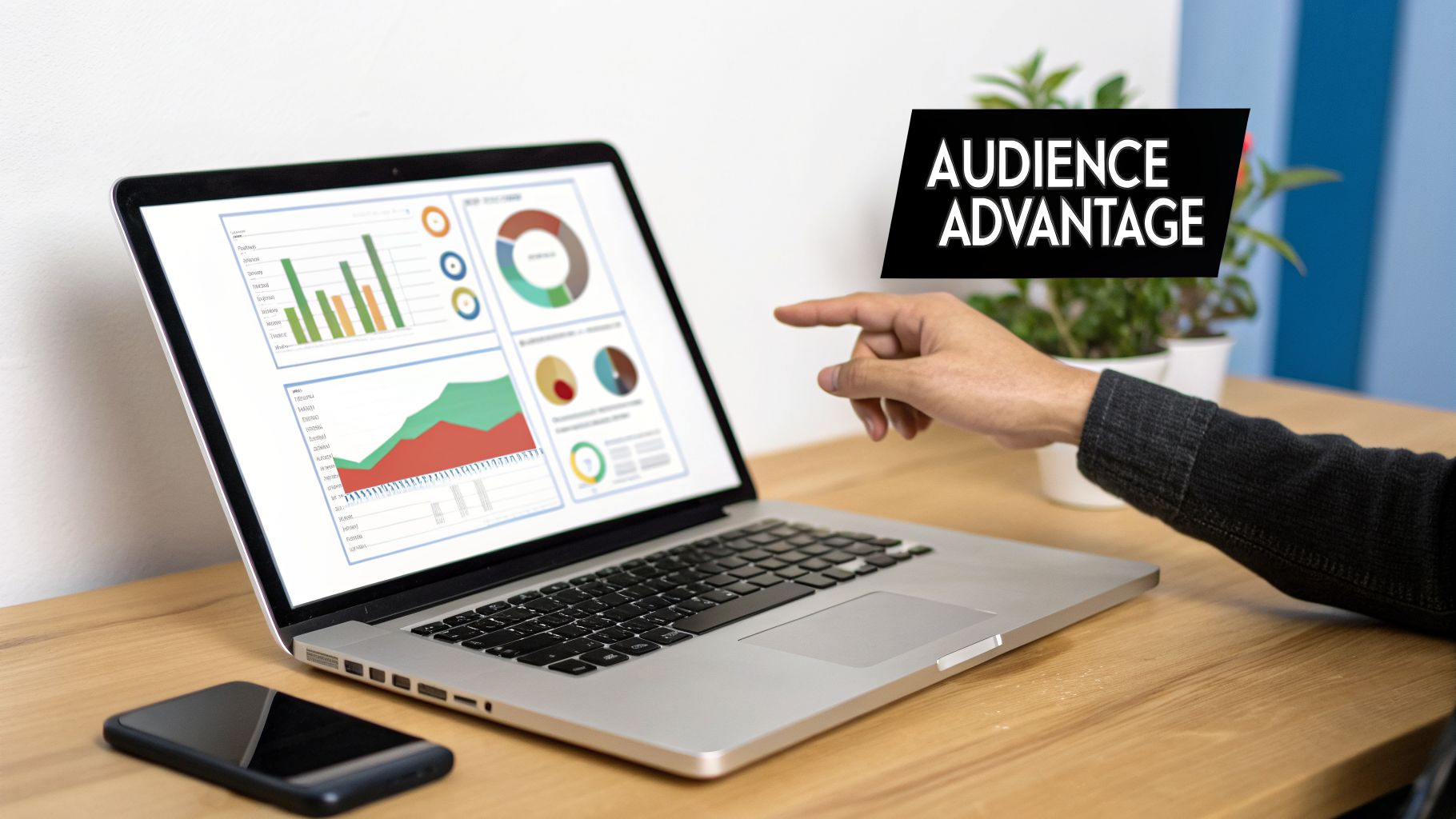 A hand points at a laptop displaying various business data charts and graphs, with a smartphone nearby.
