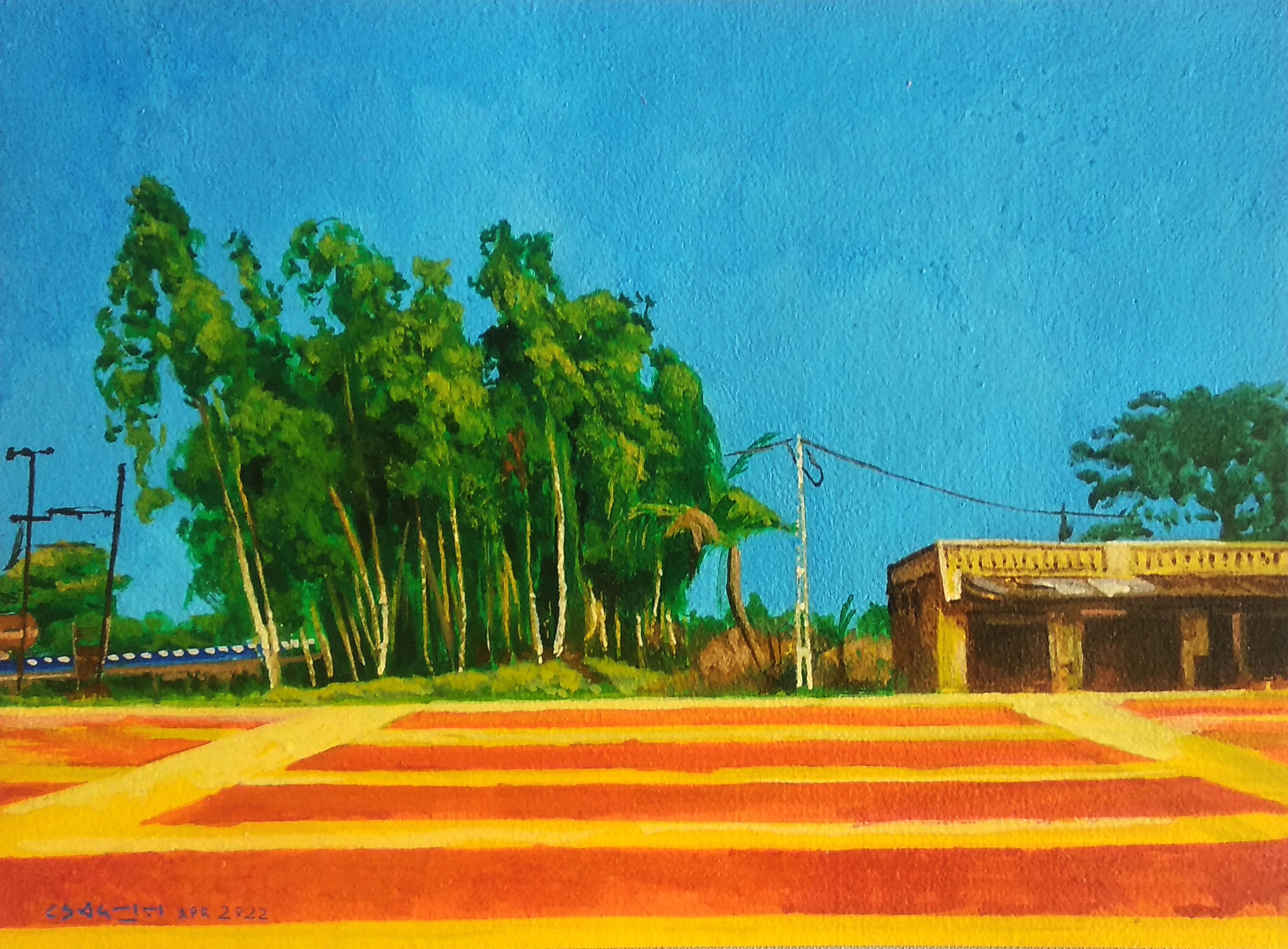 herd of sheep on road painting