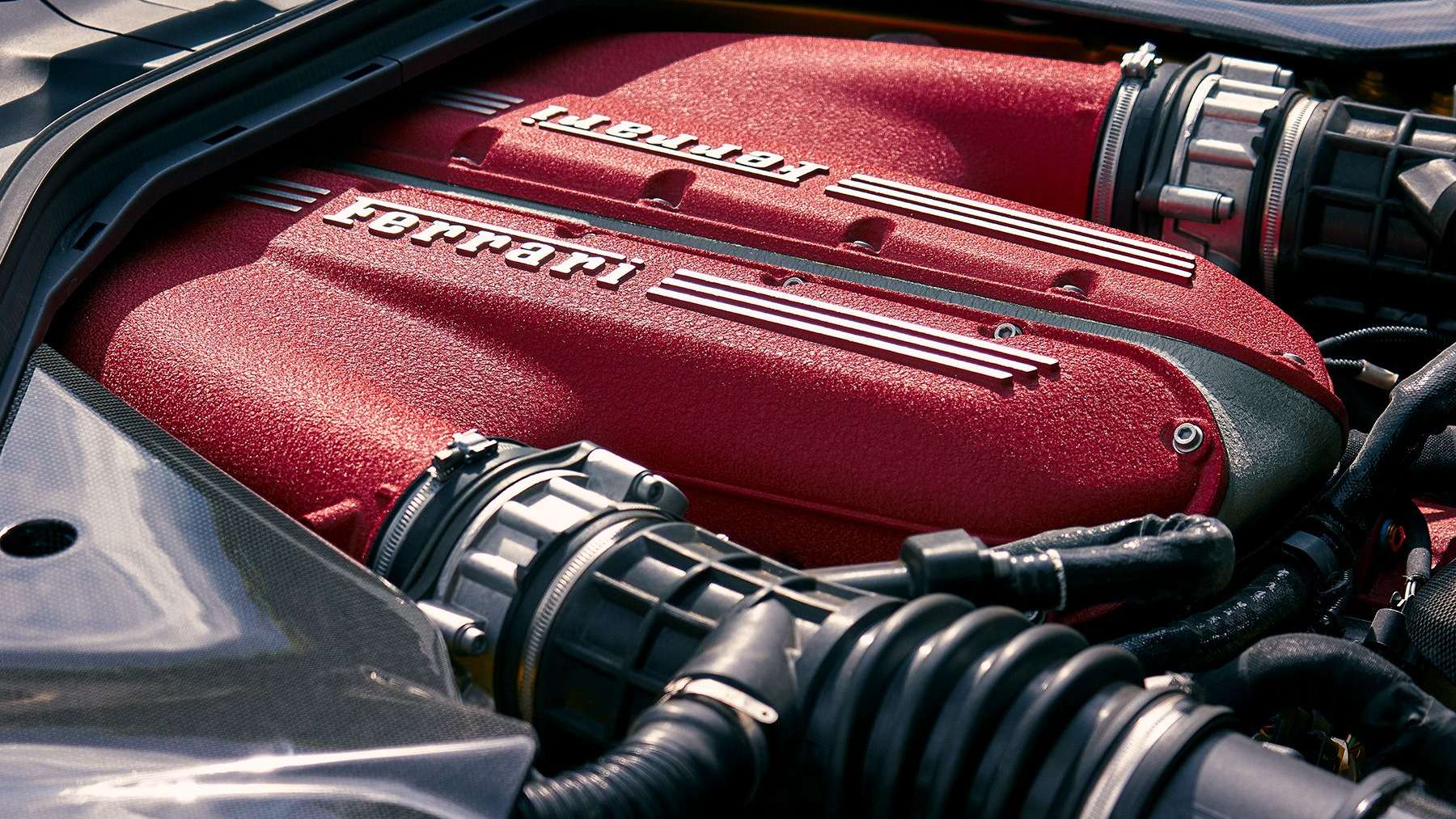 A modern hallway features vibrant teal and orange geometric and leaf patterns, with glossy tiled floors, a large rectangular light fixture, and a small shelf holding a potted plant, all leading to a large, frosted window at the end.