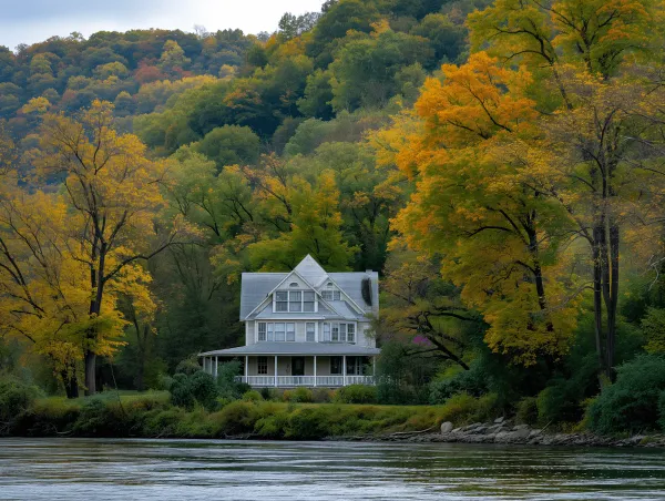 White Victorian house on a riverbank surrounded by colorful autumn trees.