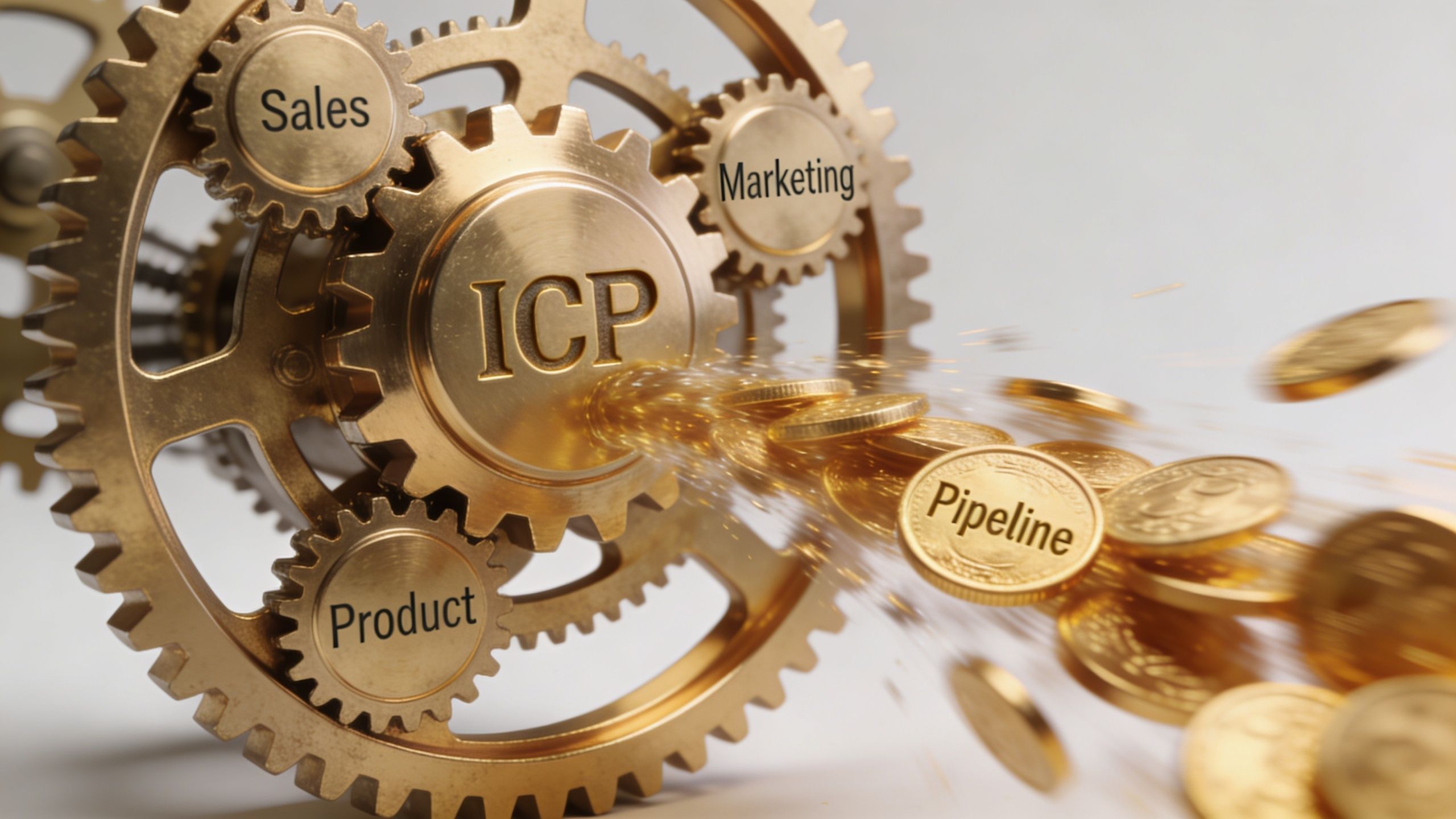 A conceptual illustration of gears labeled Sales, Marketing, and Product driving an ICP gear to produce revenue coins.