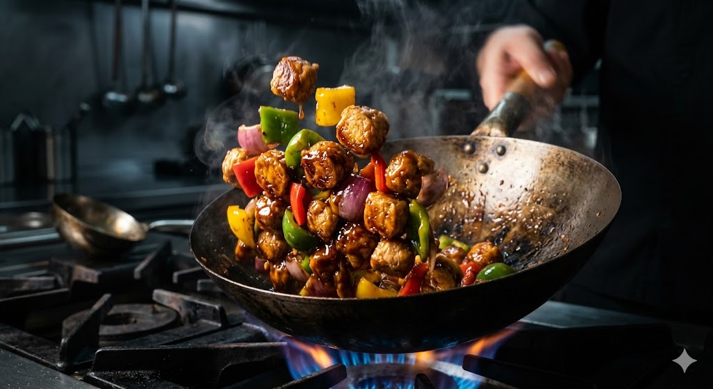 A dynamic close-up photograph capturing a high-heat wok toss of soy chunks, vibrant bell peppers, and red onions with a glossy sauce coating, featuring visible motion blur and rising steam in a dark kitchen setting with dramatic lighting.