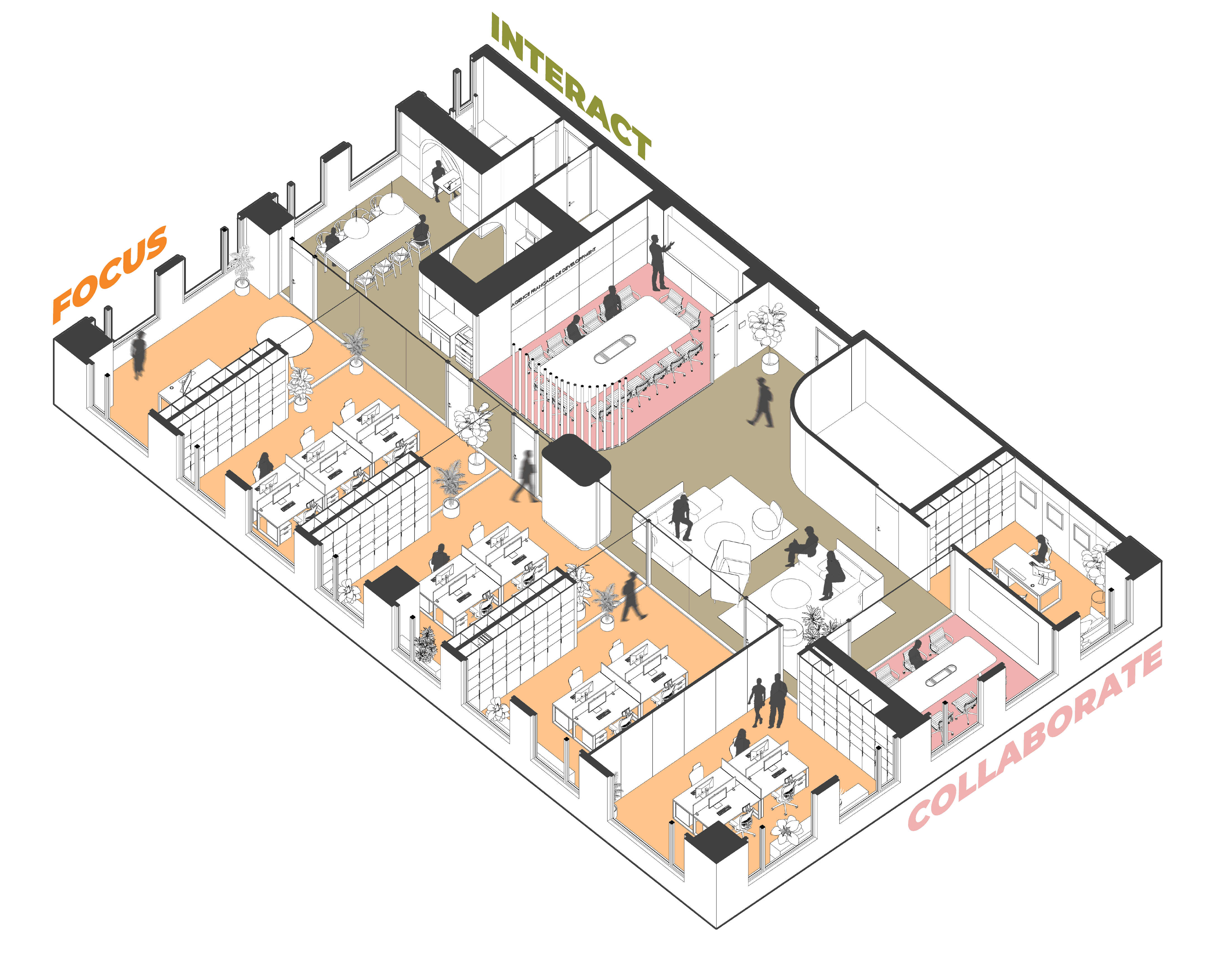 Isometric plan of the AFD office in Phnom Penh illustrating high-performance workplace zoning that balances deep focus, interactive social anchors, and collaborative meeting hubs