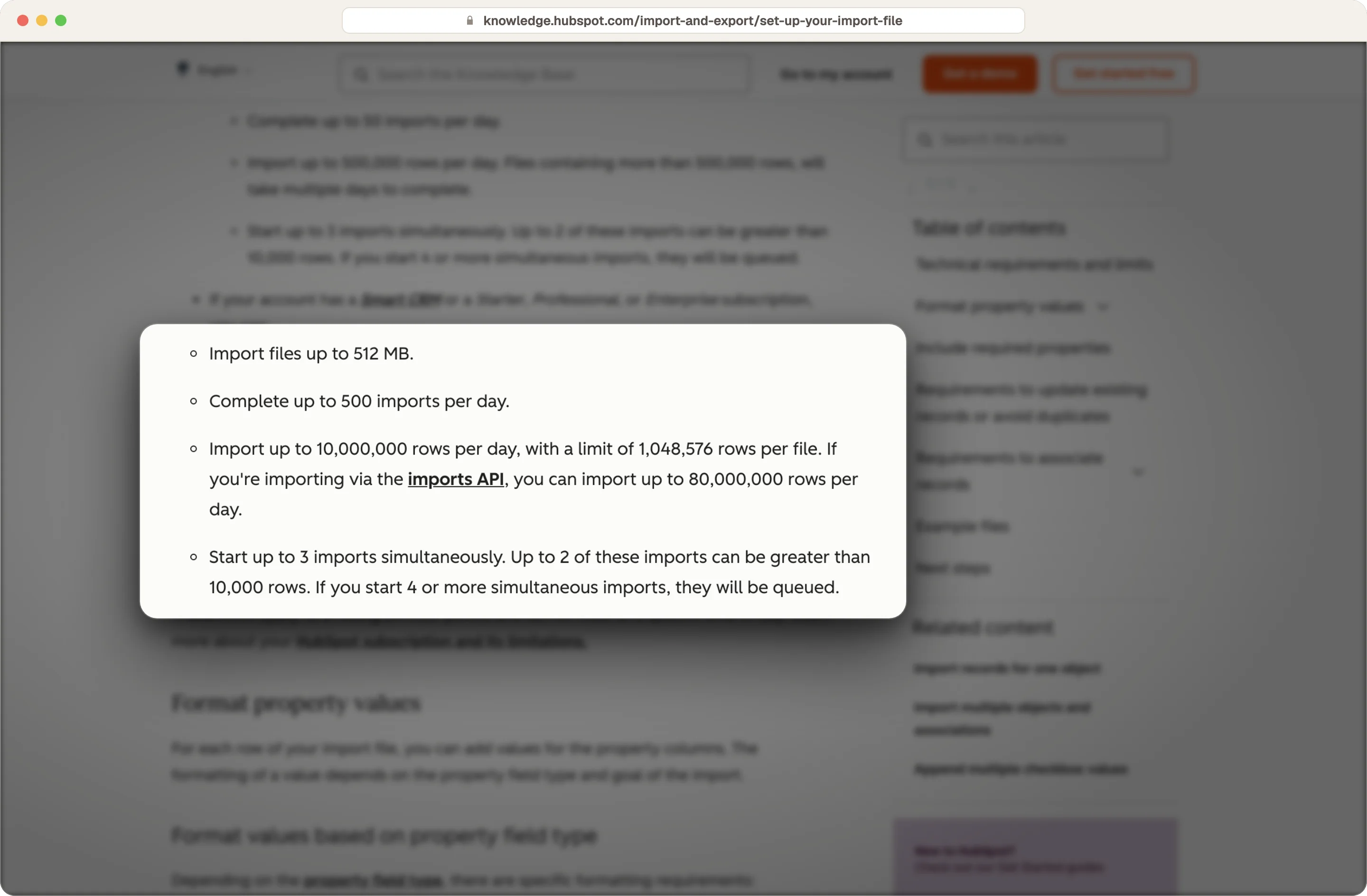 HubSpot import limits: files up to 512 MB and 1,048,576 rows per file, highlighted