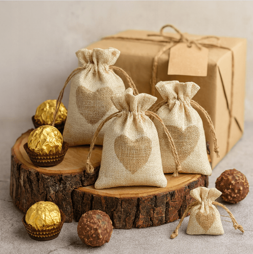 woreczki jutowe beżowe serca