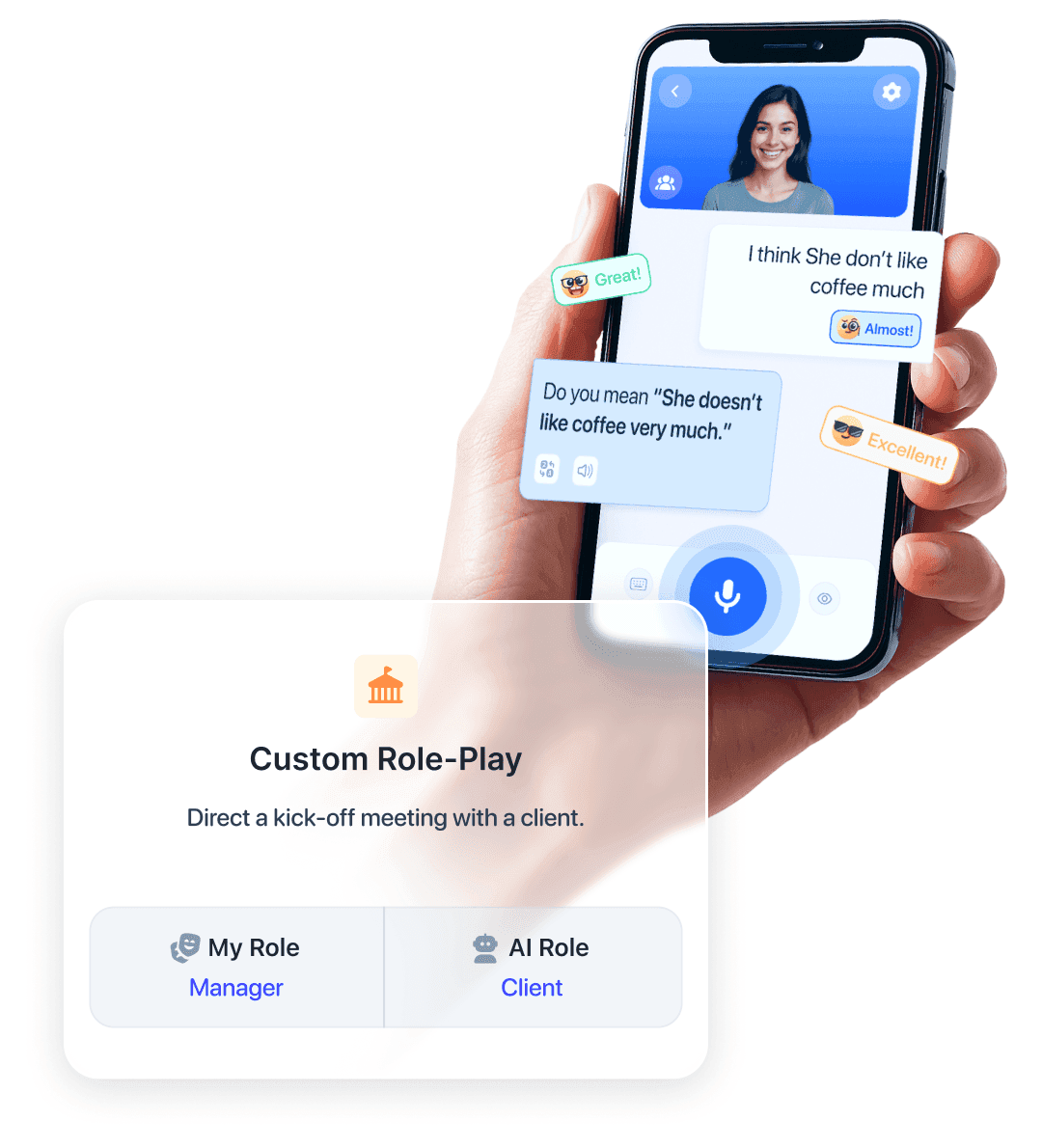 A Lucida role-play on a phone: the learner's "I think She don't like coffee much" is corrected to "She doesn't like coffee very much." Below, a Custom Role-Play card reads "Direct a kick-off meeting with a client" — My Role: Manager, AI Role: Client.