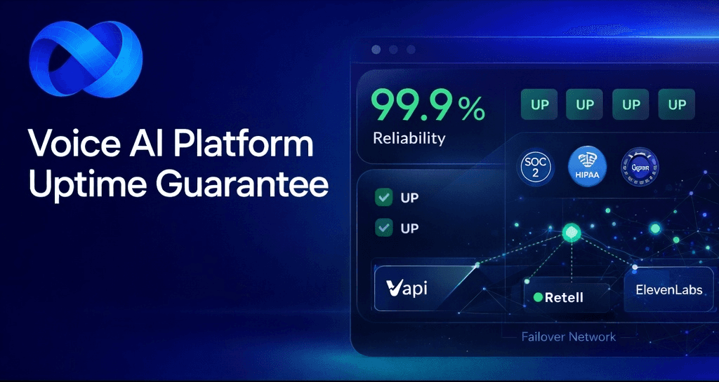 Voice AI platform uptime guarantee hero with 99.9% monitored uptime, SOC 2, HIPAA, GDPR compliance, and Vapi, Retell, ElevenLabs failover | VoiceAIWrapper.