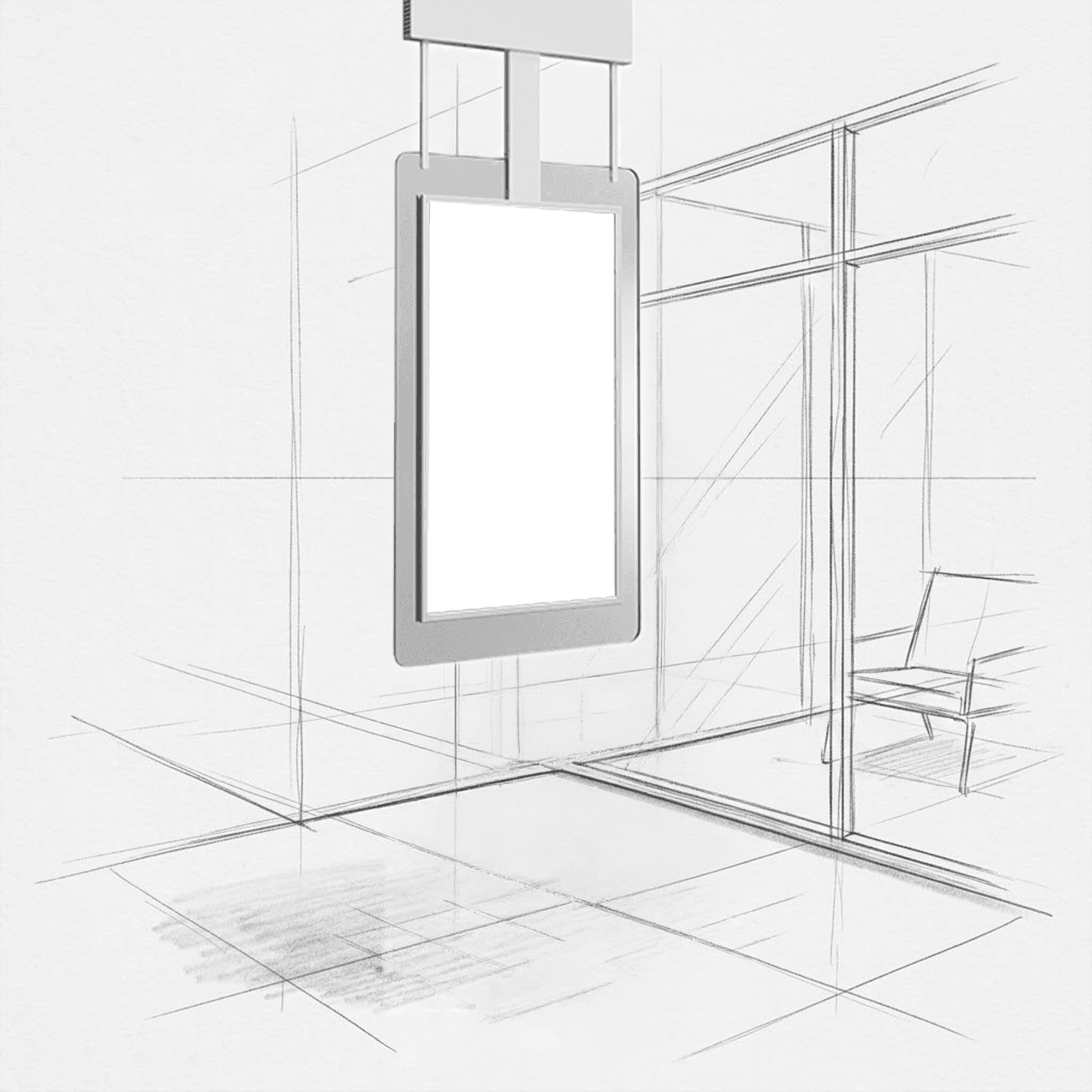 Von der Decke abgehängtes Digital-Signage-Display im Hochformat, indoor