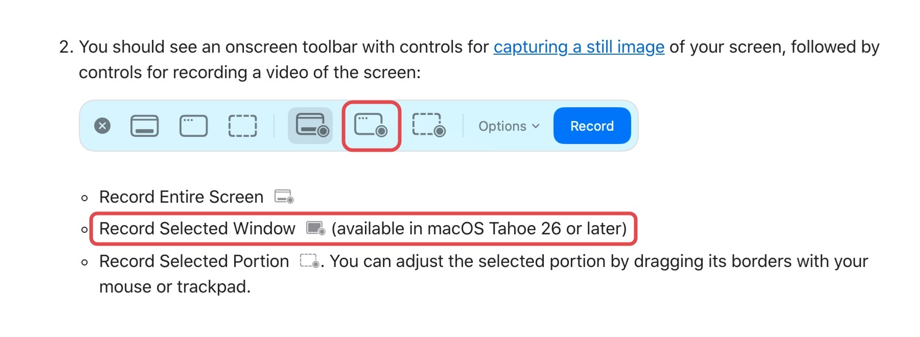 Apple's picture of the Screenshot toolbar with the Record Selected Window button boxed in red, above a list that says Record Selected Window is available in macOS Tahoe 26 or later