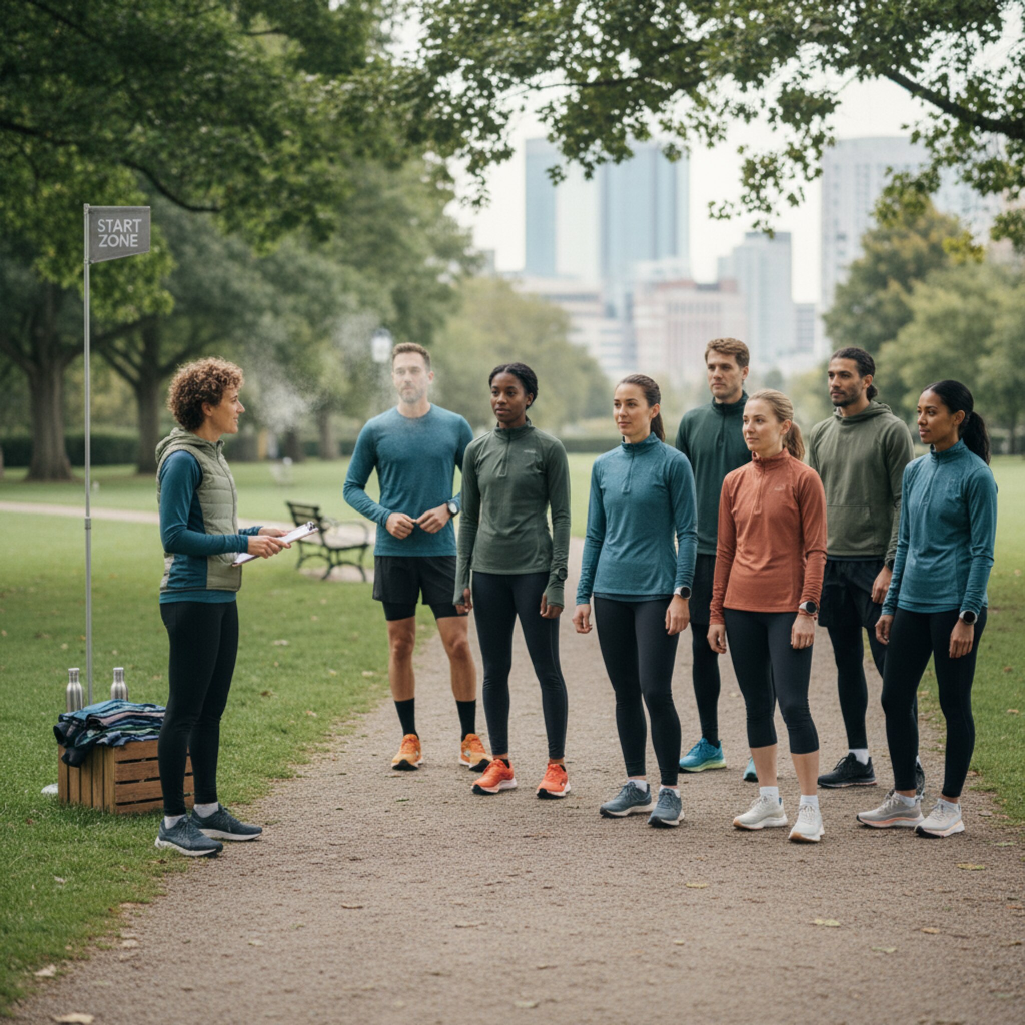 Am Parktreffpunkt bilden Läufer eine geordnete Reihe, während der Coach die Gruppe begrüßt. Eine kleine Fahne markiert den Startbereich, Jacken liegen in einer Kiste. Die Stimmung ist konzentriert, der Ablauf wirkt strukturiert. Alle sind bereit, pünktlich loszulaufen.