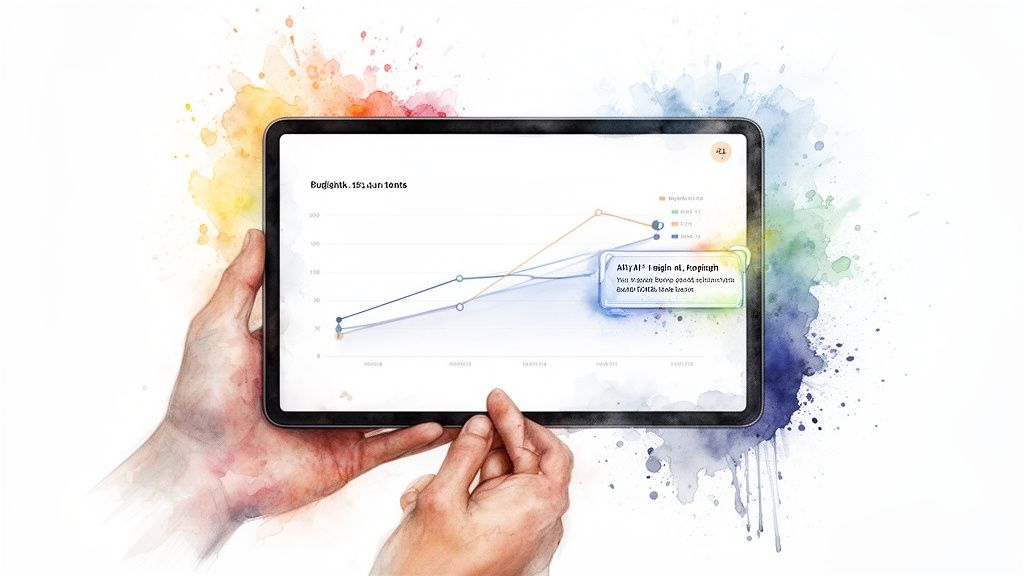 Hands holding a tablet displaying a colorful line graph with data analysis and a tooltip.
