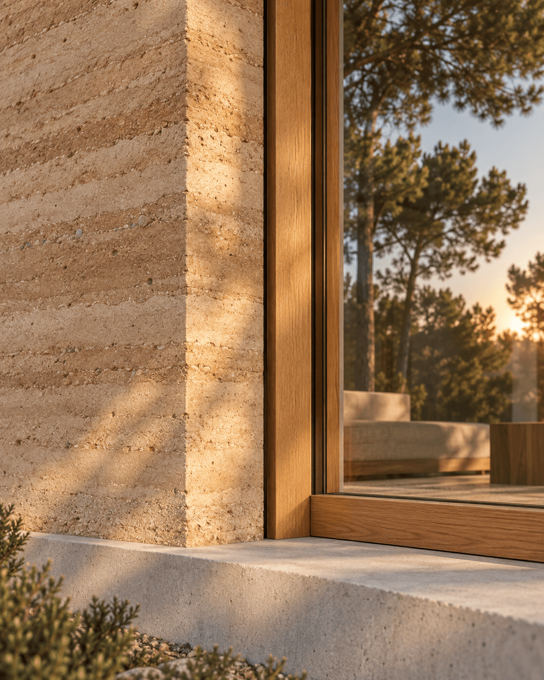 The recessed oak frame reveals the depth of the earthen wall.