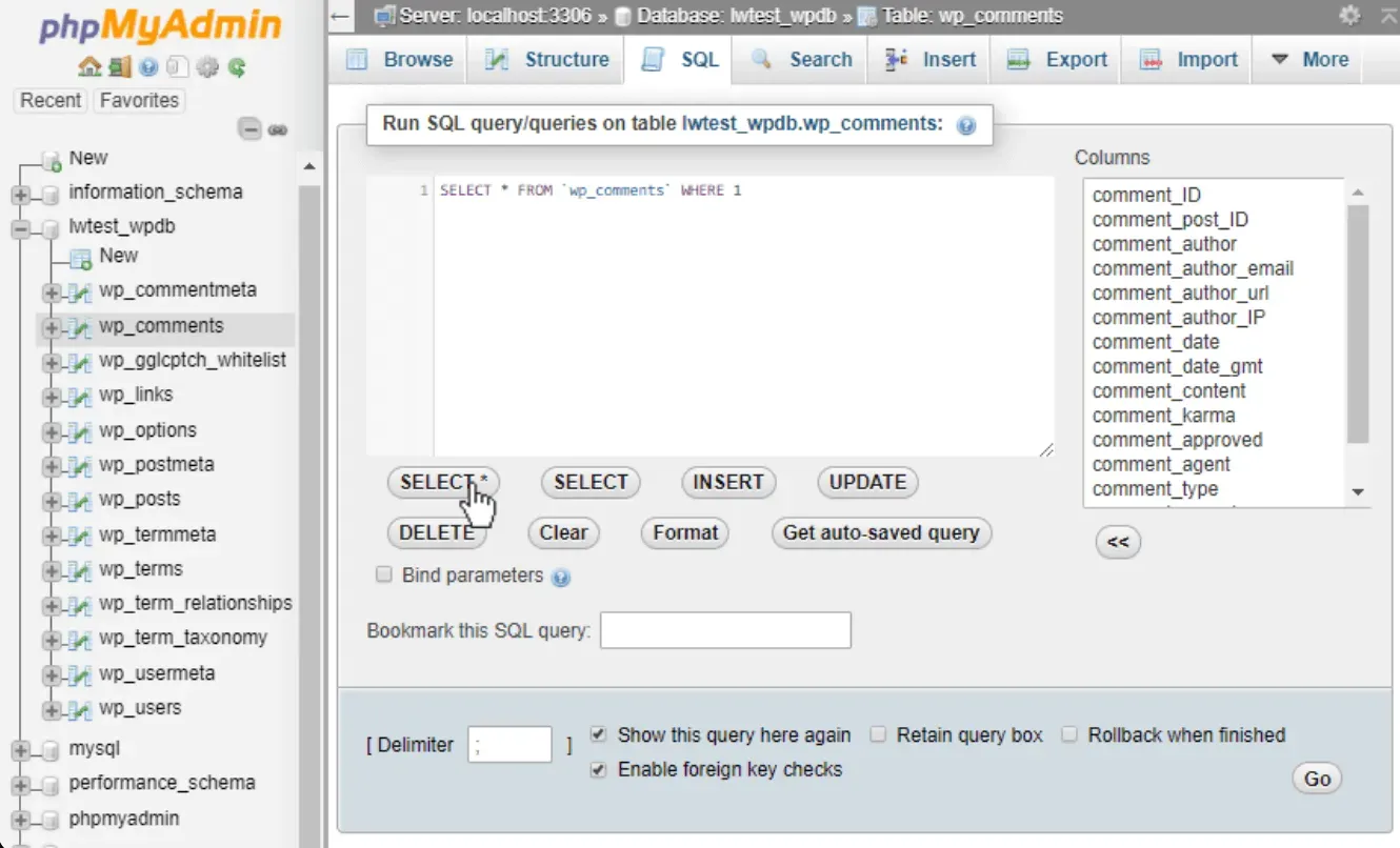 The PHPMyAdmin query interface.