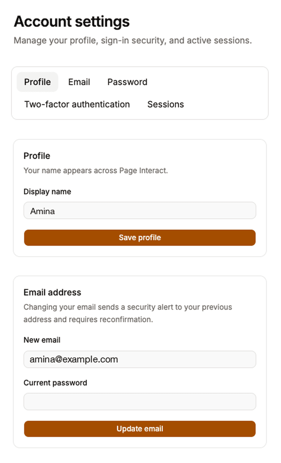 Account settings showing the Profile display-name field and the Email address section.
