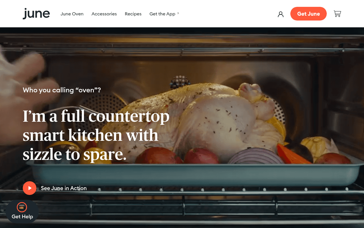 June Oven official homepage screenshot showing smart countertop oven
