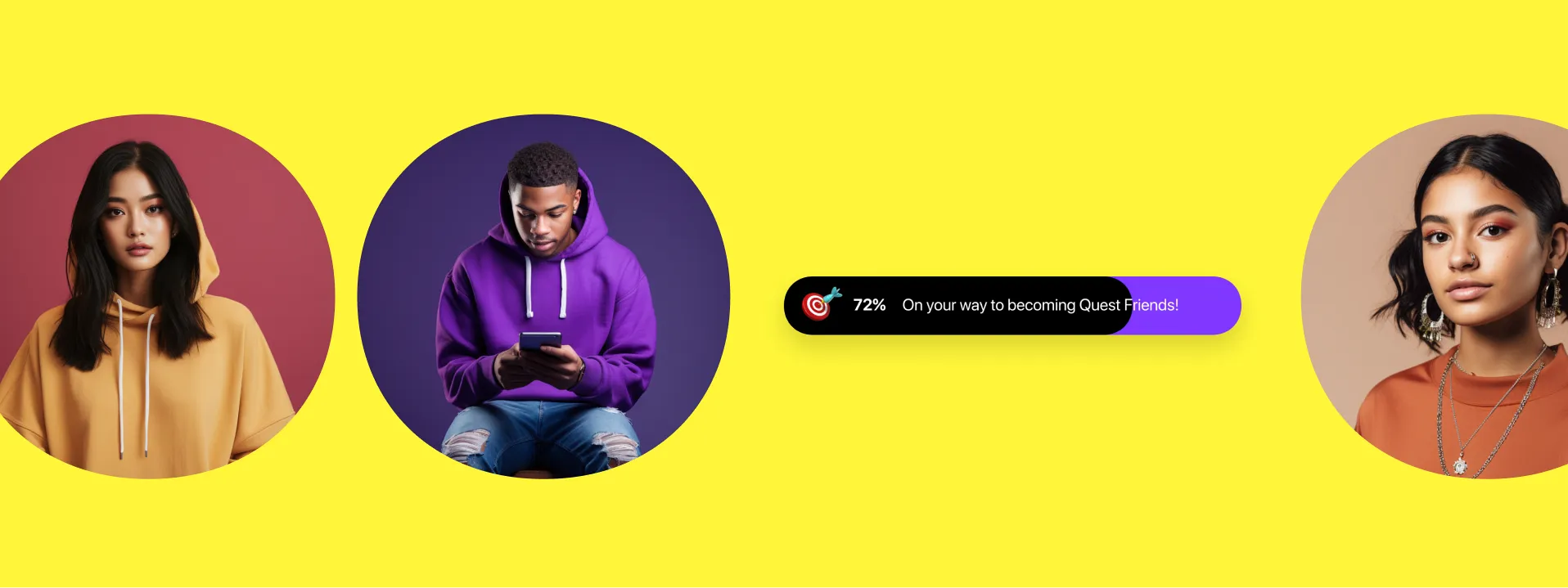 Three circular portraits of women on a bright yellow background, connected by a black line with purple accents.