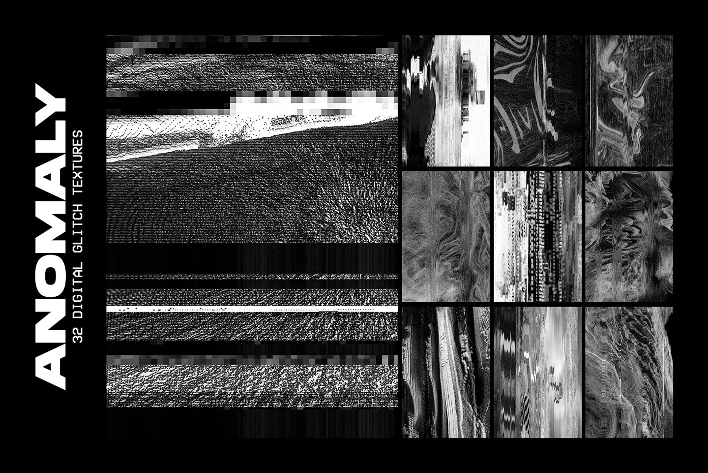 Thirty two digital glitch textures showing electronic noise distortion and abstract data corruption patterns