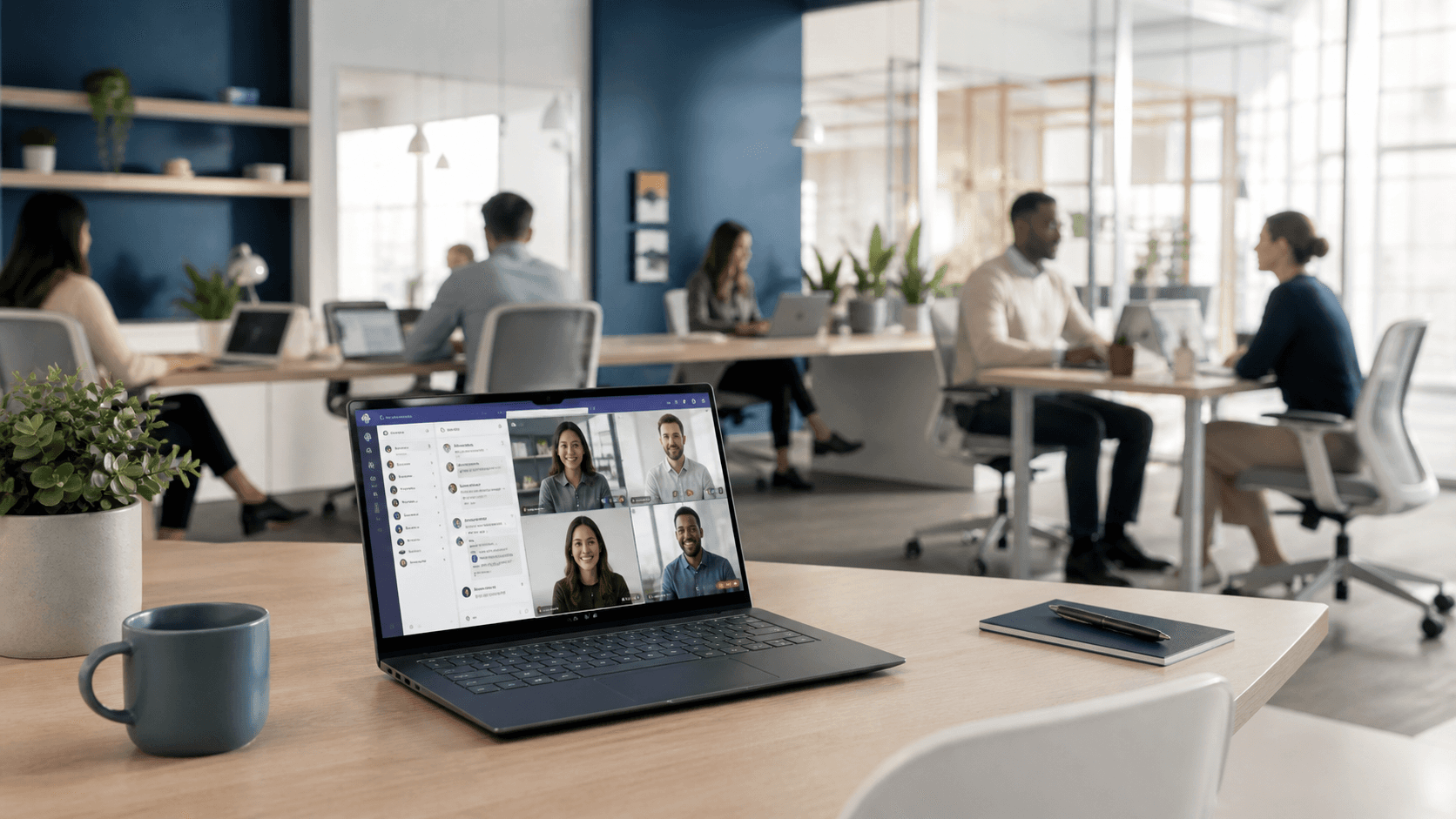 a group of people sitting around a table with laptops