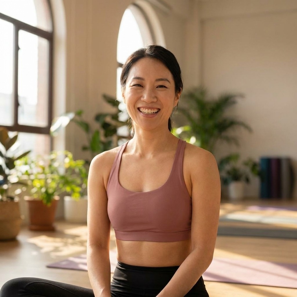 Woman in workout set in sitted cross legs position
