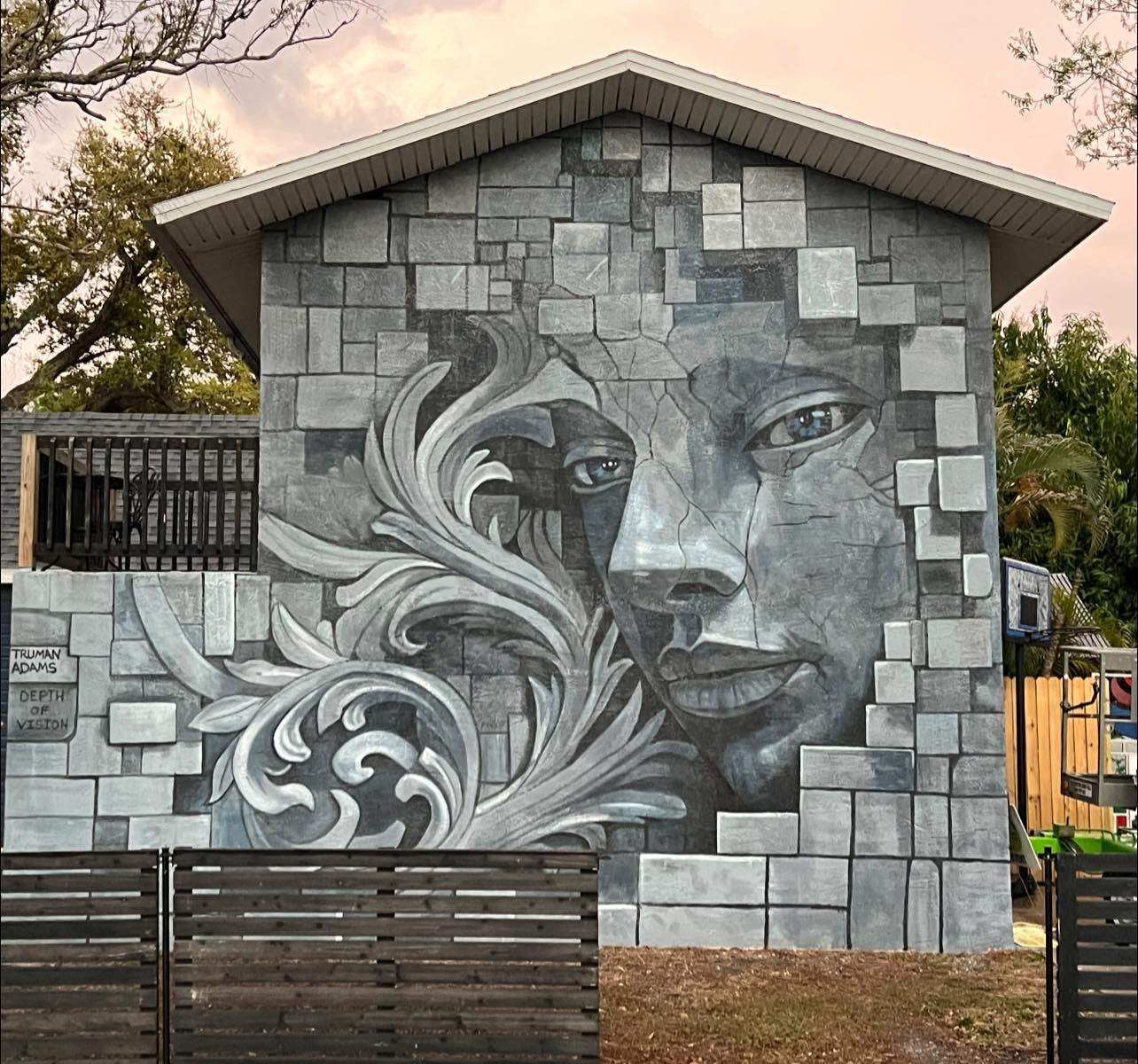 art mural of a face on side of building in the village of the arts, bradenton, fl