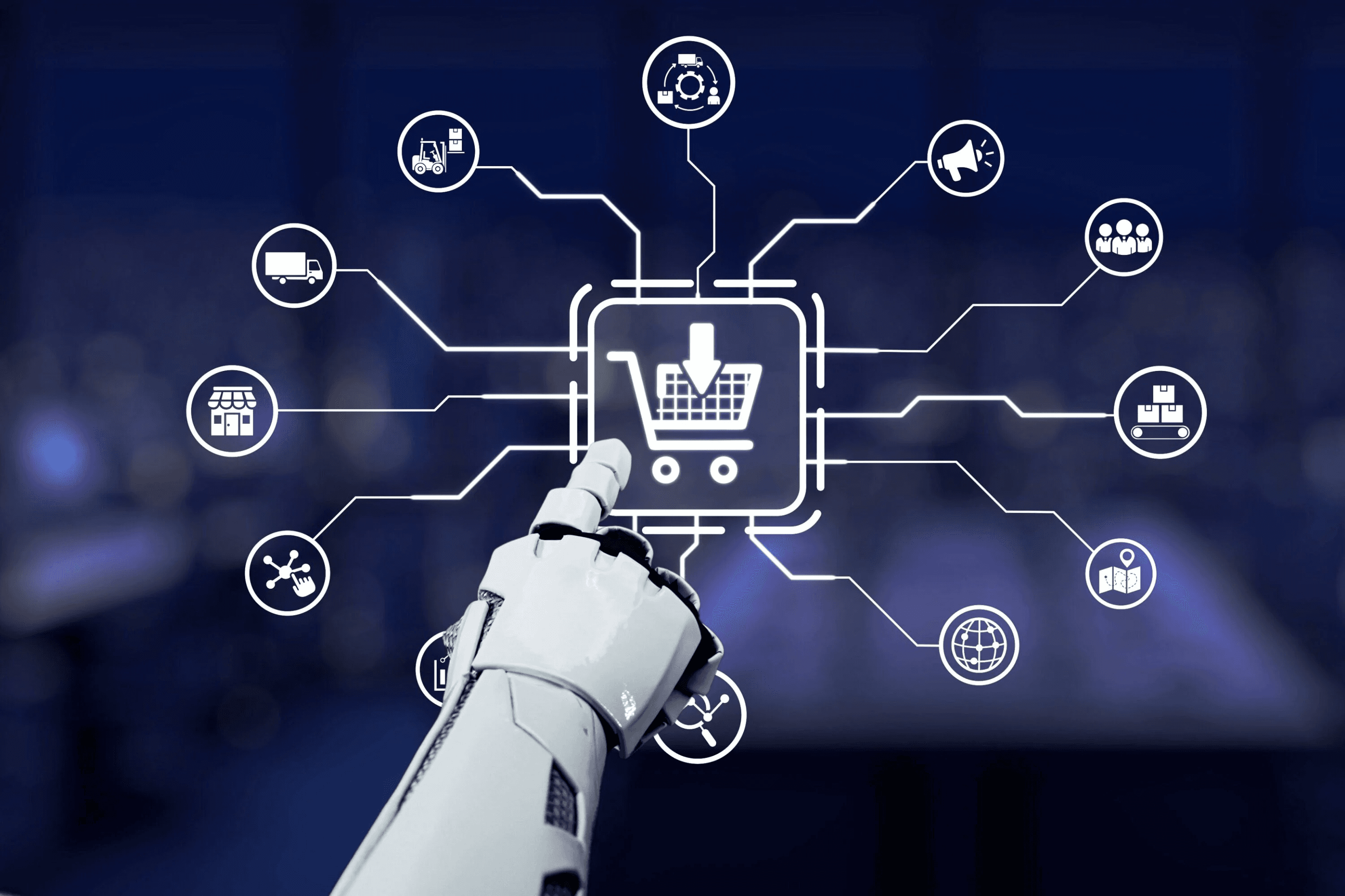 AI-powered robotic hand interacting with a digital shopping cart interface, illustrating agentic commerce with connected icons for logistics, marketing, customers, and global eCommerce systems.