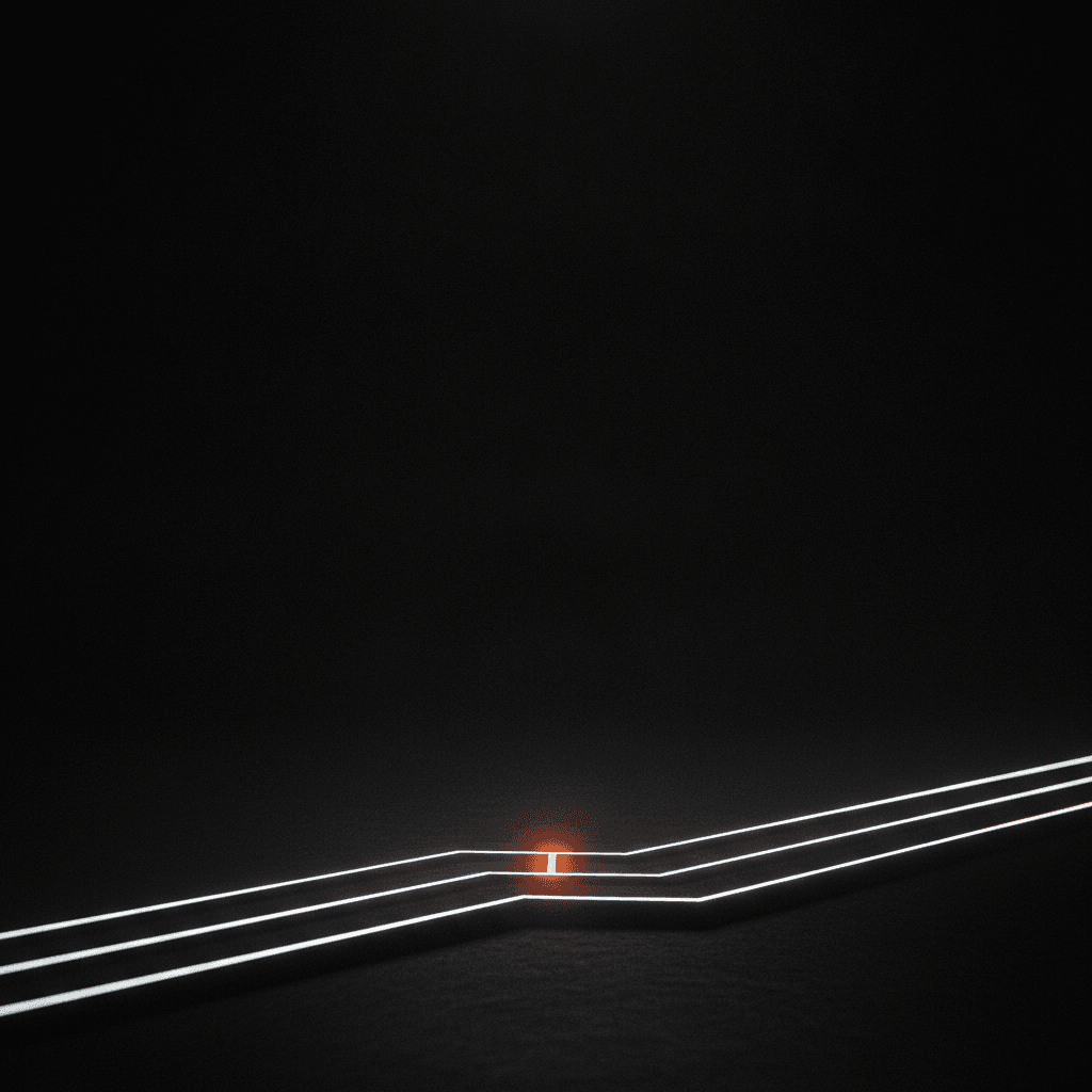A single thread of orange light marking a junction point in deep architectural shadow