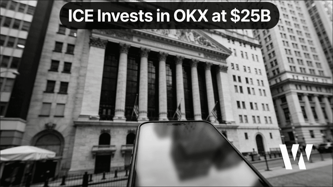 Black and white New York Stock Exchange facade with a blurred smartphone and headline ICE Invests in OKX at $25B, highlighting the crypto exchange partnership for tokenized equities.