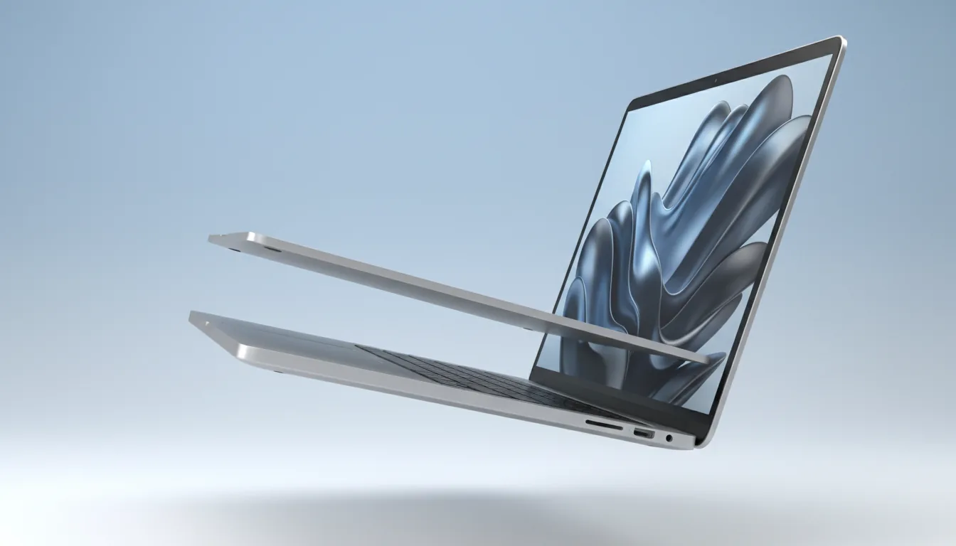 High-end 3D product render of a sleek, ultra-thin silver Apple MacBook, minimalist aesthetic. The laptop is shown from a side profile, floating against a soft light blue to white gradient studio backdrop. The composition is a deconstructed view, with the screen assembly floating slightly above the keyboard base. The open screen displays a vibrant, abstract 3D wallpaper of metallic blue and dark gray sculpted waves. Lit with soft global illumination, emphasizing the clean lines and matte aluminum finish of the device.