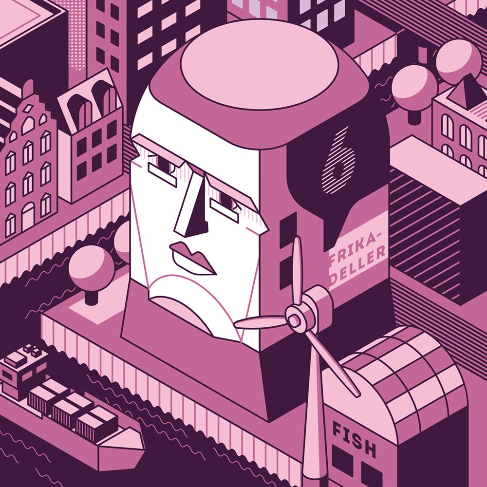 Isometric illustrative portrait of Andreas Christensen for the Tschuttiheftli 2021. The style is simple isometric vector illustration.