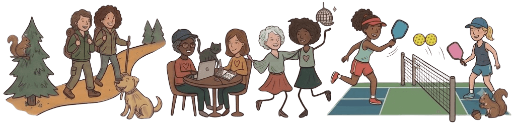 Illustration of four lesbian couples and community activities