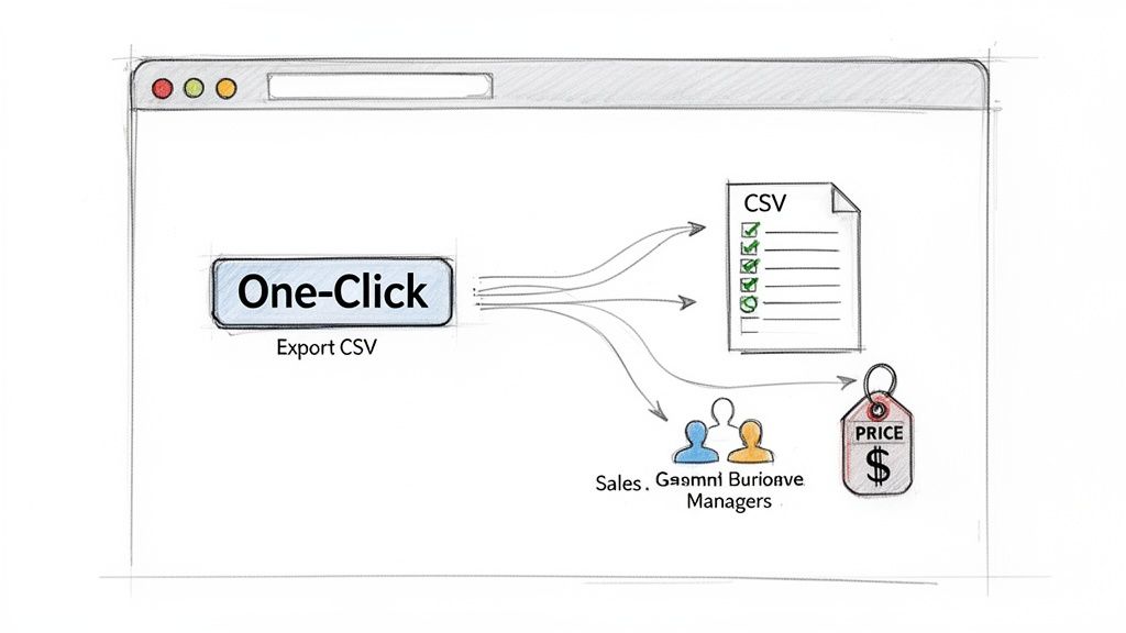 A process diagram illustrates a one-click CSV export button outputting data for sales managers and pricing.