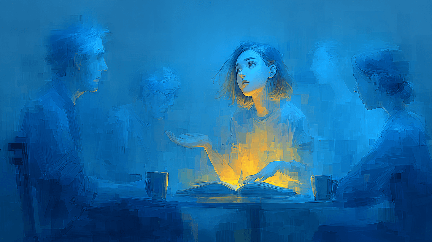 A central figure makes eye contact with translucent versions of themselves seated around a table