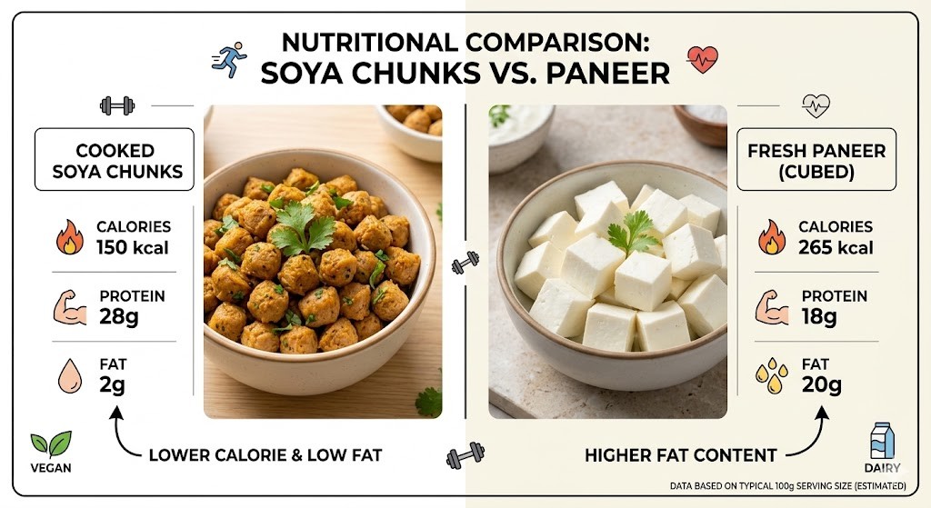 A split-screen nutritional comparison infographic showing cooked soya chunks as a low-calorie, high-protein vegan option versus fresh paneer as a higher-fat dairy protein source, with detailed macronutrient labels for calories, protein, and fat.