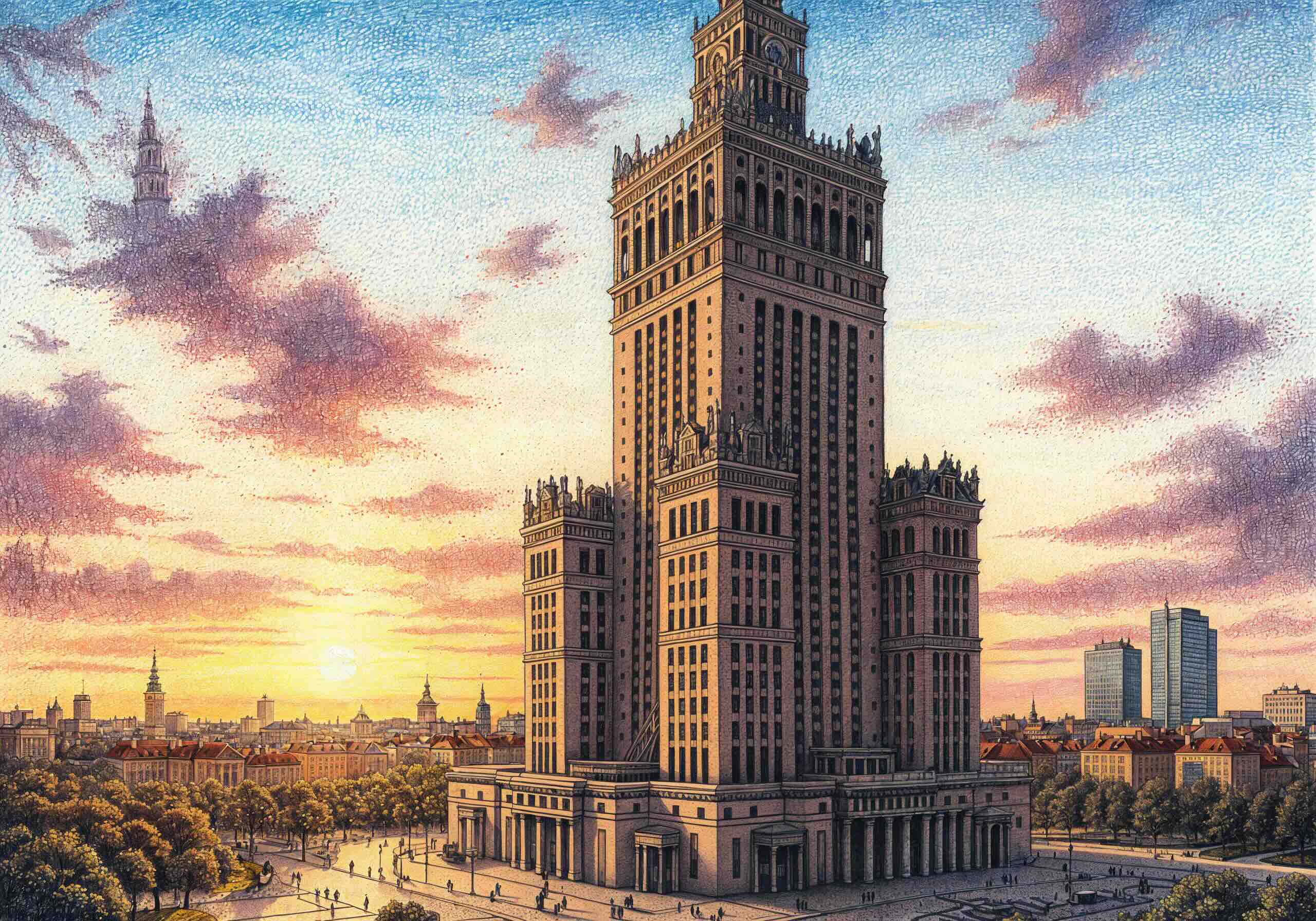 A detailed illustration of the Palace of Culture and Science in Warsaw, Poland, set against a warm sunset sky with the cityscape in the background.
