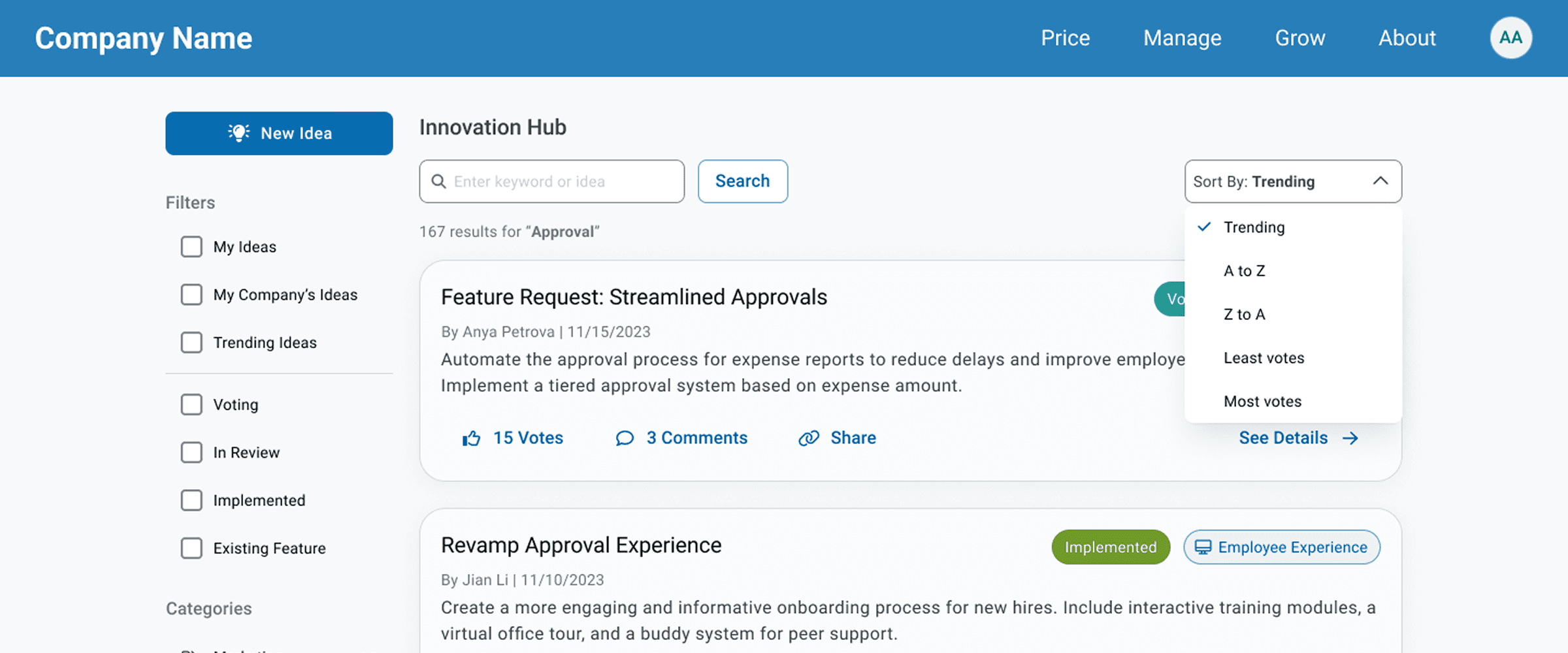 The Innovation Hub's idea feed, there is a list of idea cards with search and sorting options at the top. The sorting menu is open to show options.