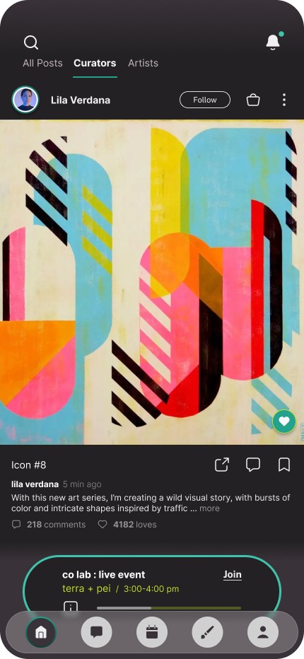 Screenshot of the app's home feed displaying  vibrant, colorful art and access to a live event.