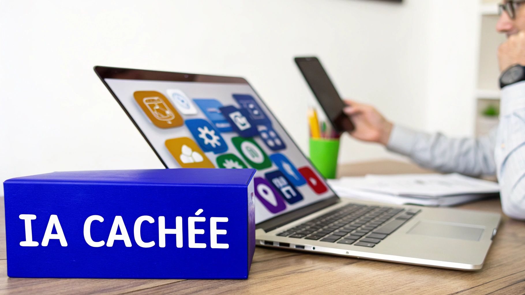 Un homme utilise un ordinateur portable et un smartphone, avec une boîte bleue marquée 